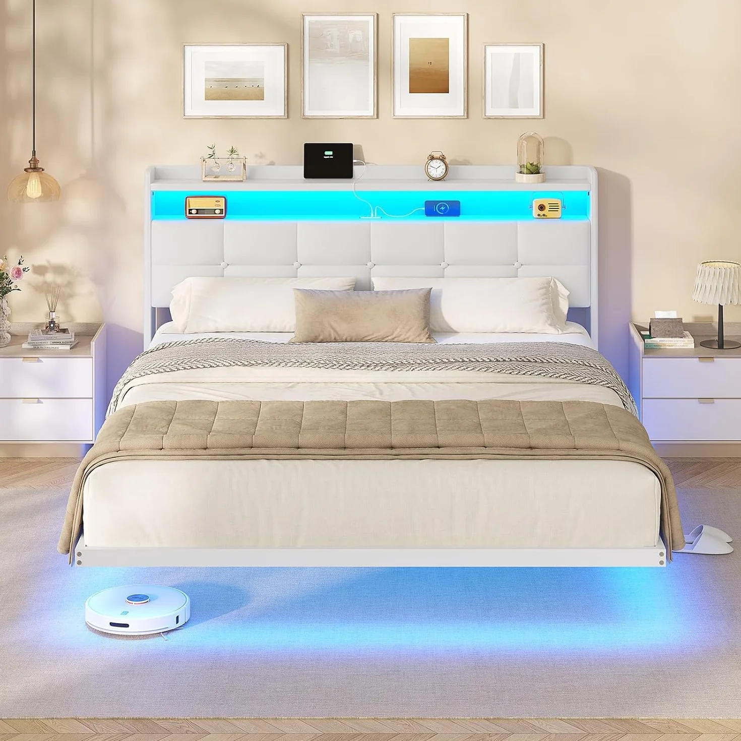 AOGLLATI Cama de matrimonio de 160 x 200 cm con efecto visual levitante, estructura de cama con LED y estación de carga, cama con cabecero acolchado y estructura de metal, sin colchón, color blanco