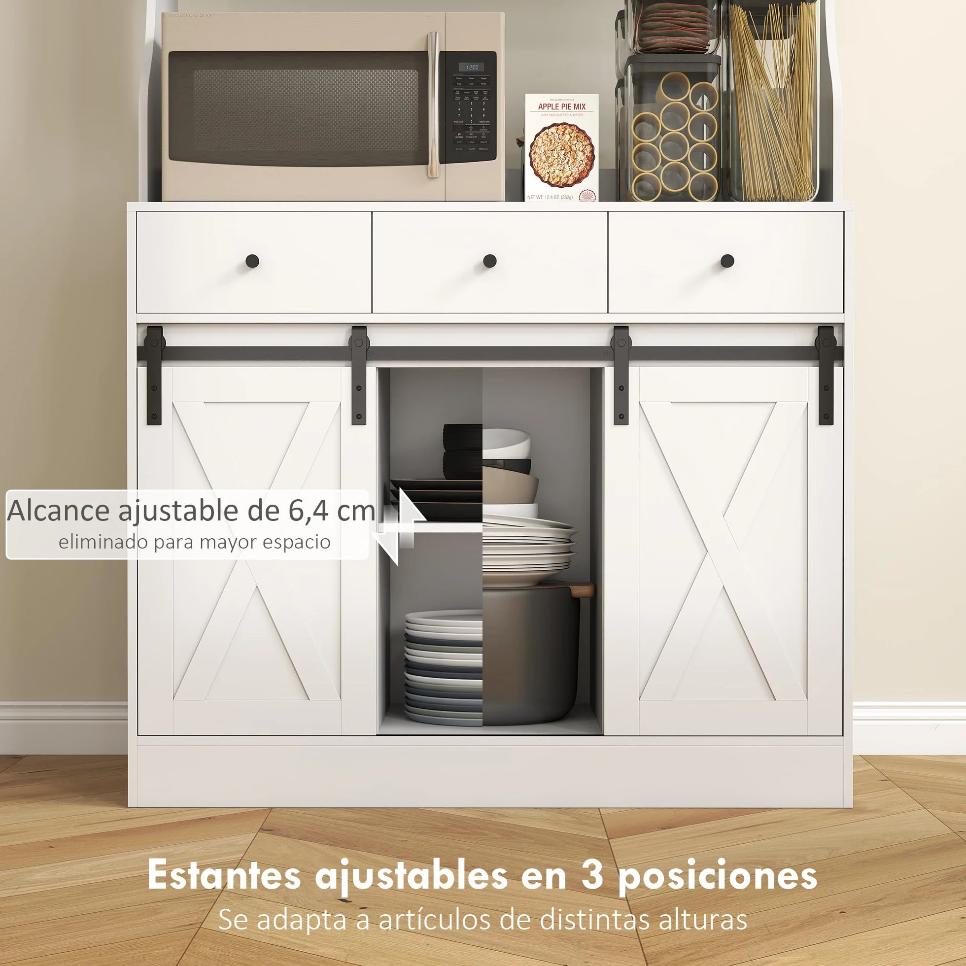 HOMCOM Alacena de Cocina Mueble Auxiliar con Encimera para Microondas, 2 Puertas Corredizas y 3 Cajones, Estantes Regulables, Estilo Granja, 93,5x40x180 cm Blanco