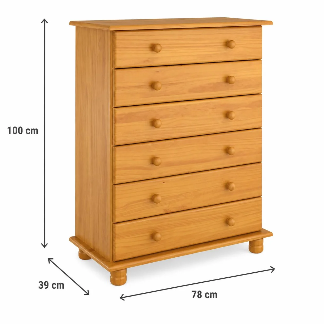 Cómoda, Realizada en Madera de Pino Macizo, Serie Canet. Medidas 78x39 cm (Ancho x Fondo) (100 cm de Alto, Miel)