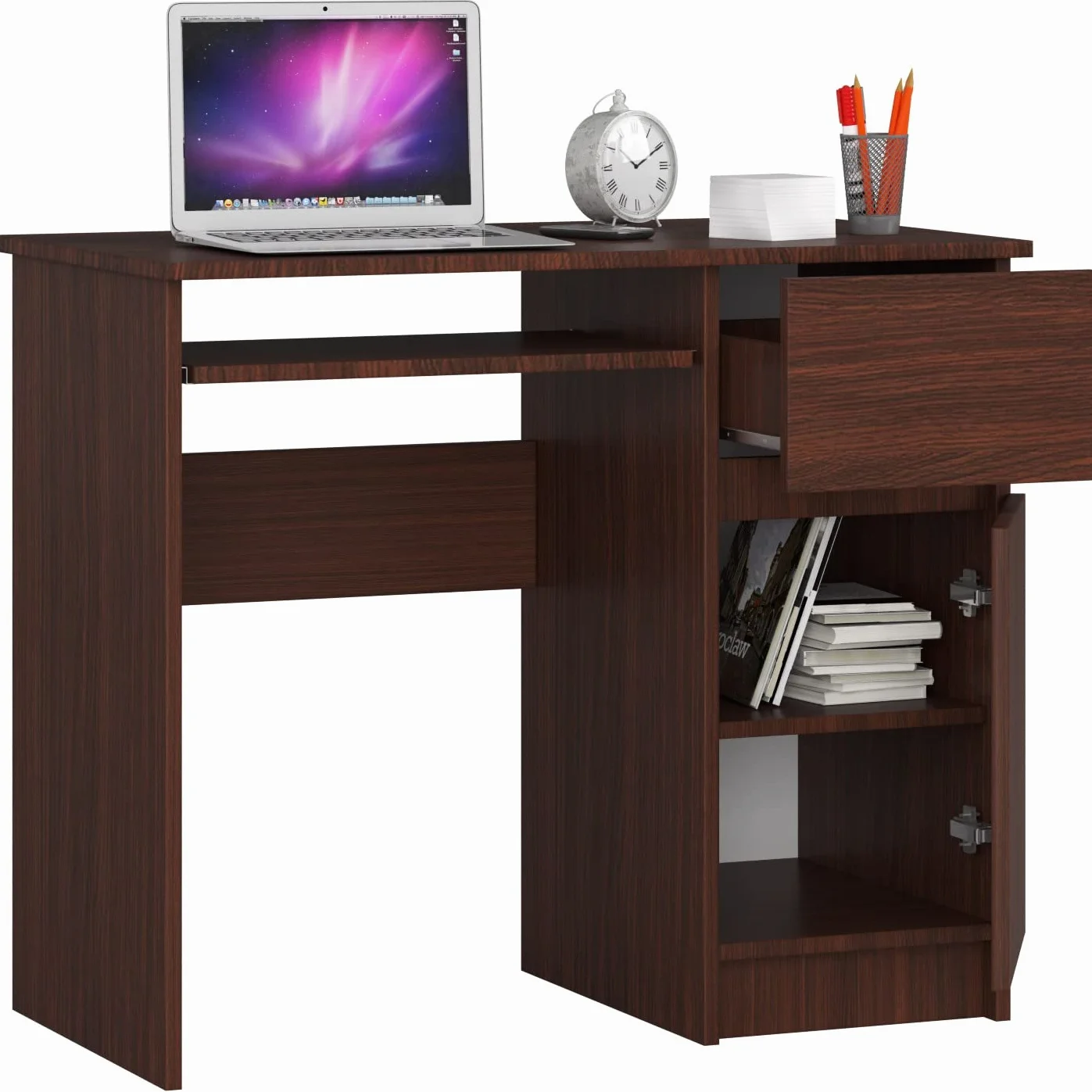 AKORD | Escritorio con Estante para Teclado | Escritorio de Oficina | Cajón y Contenedor en el Lado Derecho | para Computadora PC Portátil | 90x77x50 cm | 30 kg Wengé