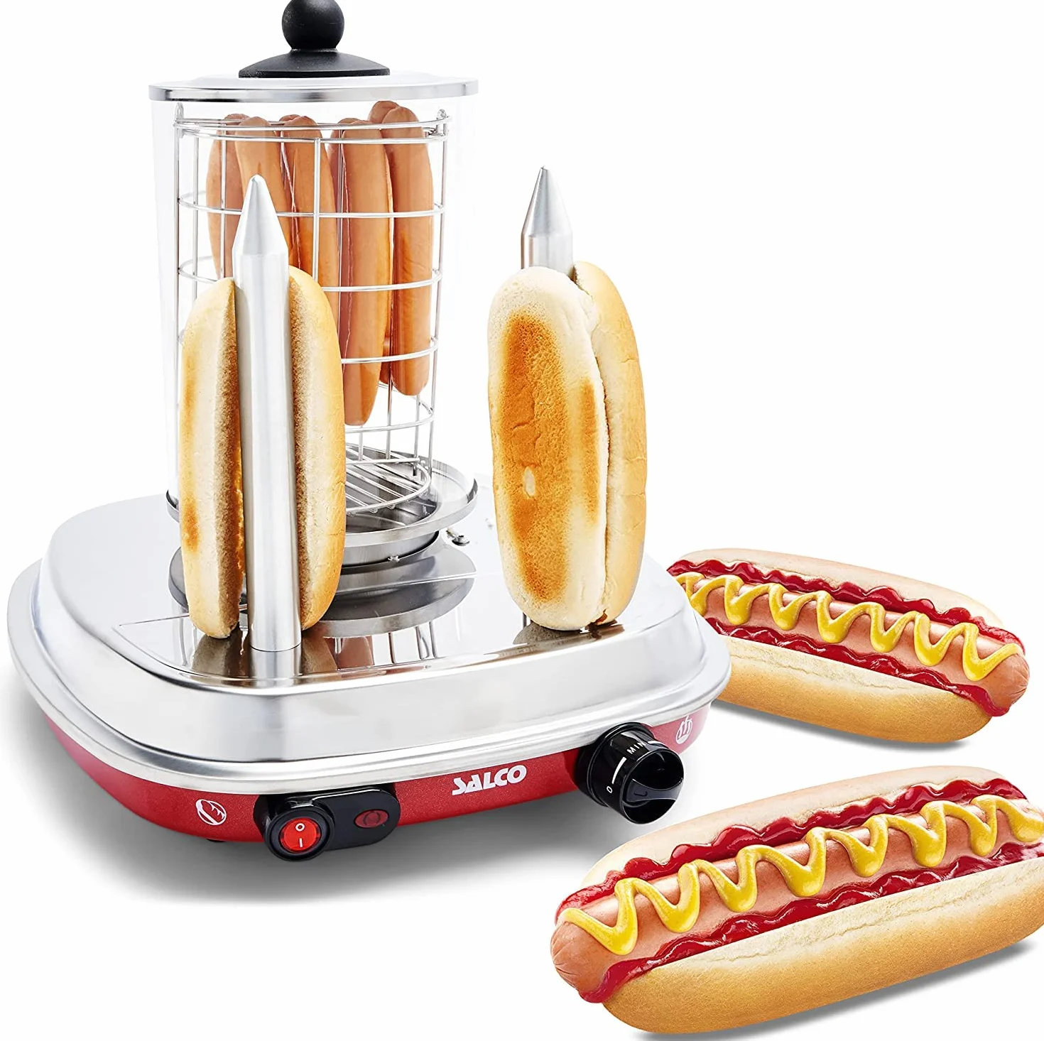 Salco Hot Dog Maker en estilo retro – 450 W, vaporizador con control térmico, pinchos de calor para 2 panecillos, capacidad cilíndrica para 8 salchichas, carcasa de metal, cilindro de cristal y cesta