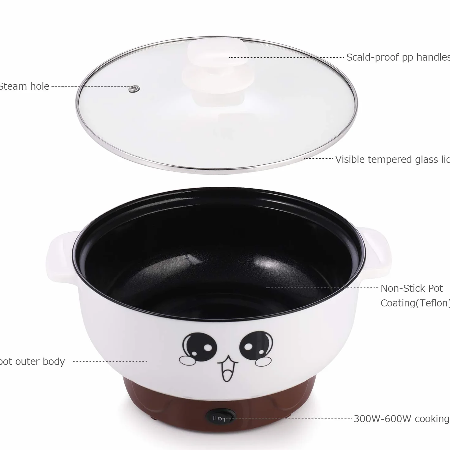 Sartén eléctrica antiadherente para olla caliente, sartén eléctrica de acero inoxidable de 2,3 l, sartén redonda multicocina con tapa para saltear/estofado/vapor, perfecta para pasta/fideos/huevo/sopa