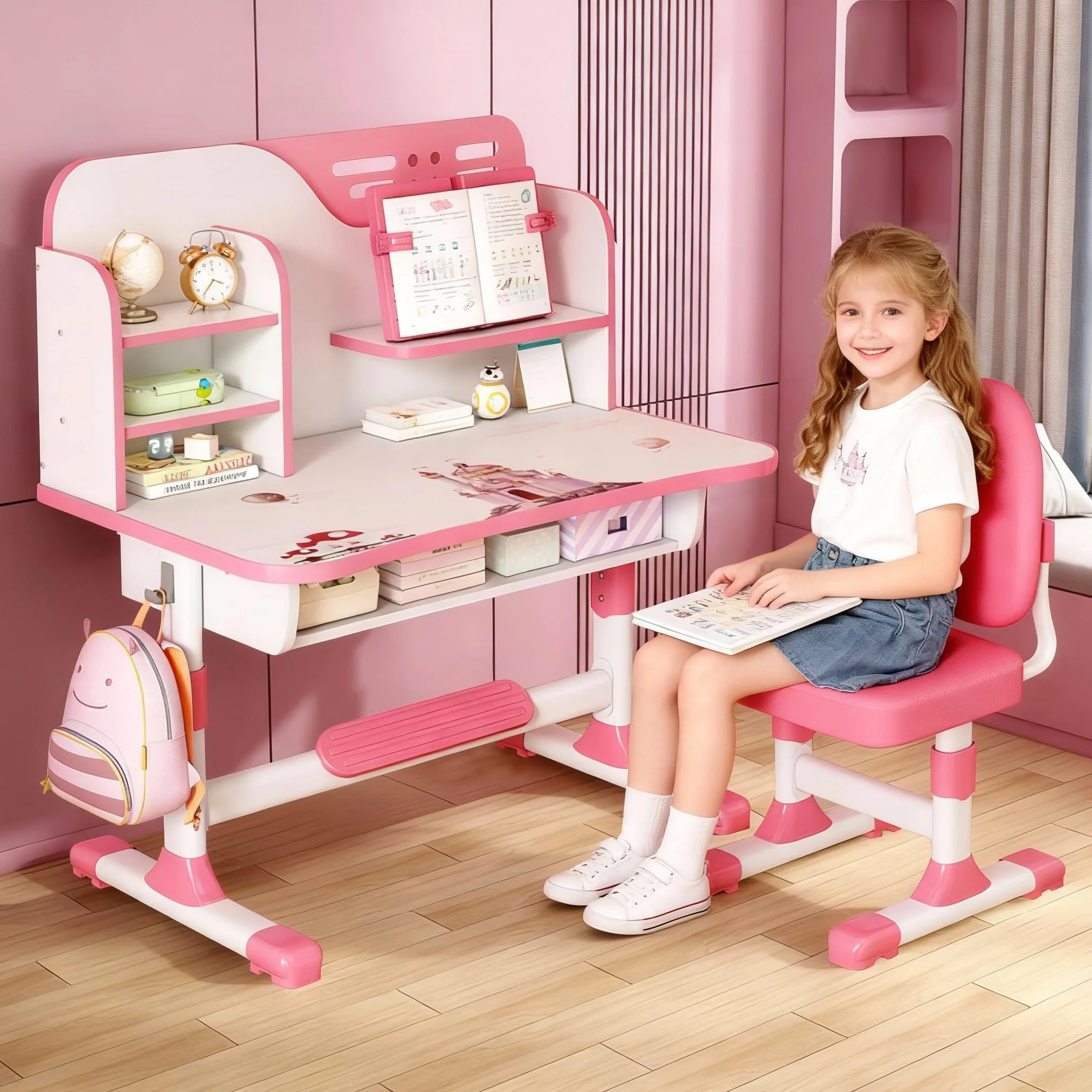Juego de sillas de escritorio de estudio para niños, juego de escritorio y sillas ajustables para niños, sillas de mesa de estudio escolar, escritorio de aprendizaje escolar en casa con
