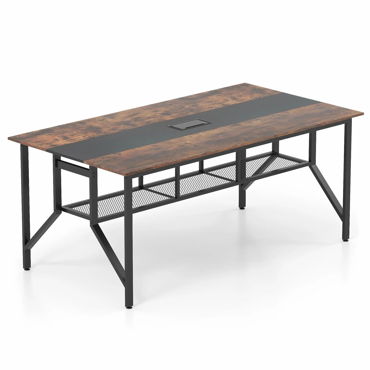 GYMAX Mesa de Conferencias, Mesa de Reuniones Industrial para 6-8 Personas con Estante de Almacenamiento, Caja de Gestión de Cables, Escritorio Rectangular para Oficina Sala, 180 x 96 x 76 cm
