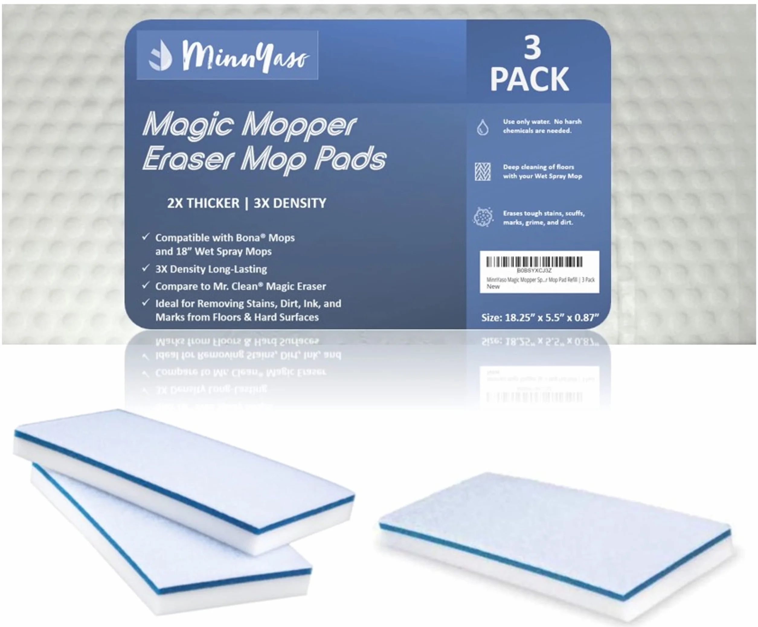 Magic Mopper - Almohadilla de esponja para fregona | Compatible con mopa Bona y mopas húmedas de 18 pulgadas | Recambio de almohadilla de esponja mágica de 18 pulgadas | Paquete de 3