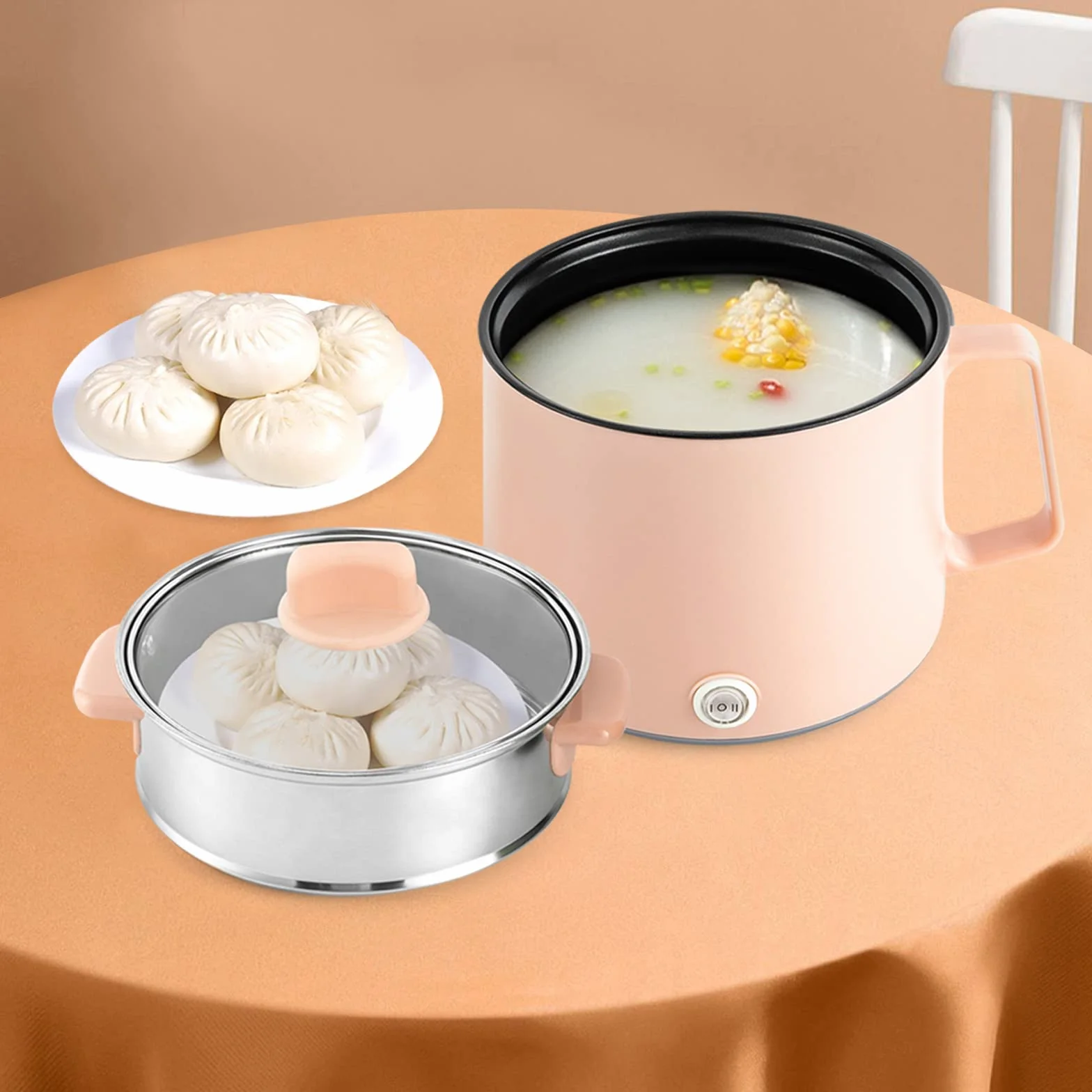 Ramen Cooker Olla Eléctrica 600 W Antiadherente con Cesta de Vapor Multifunción Portátil (Rosa)