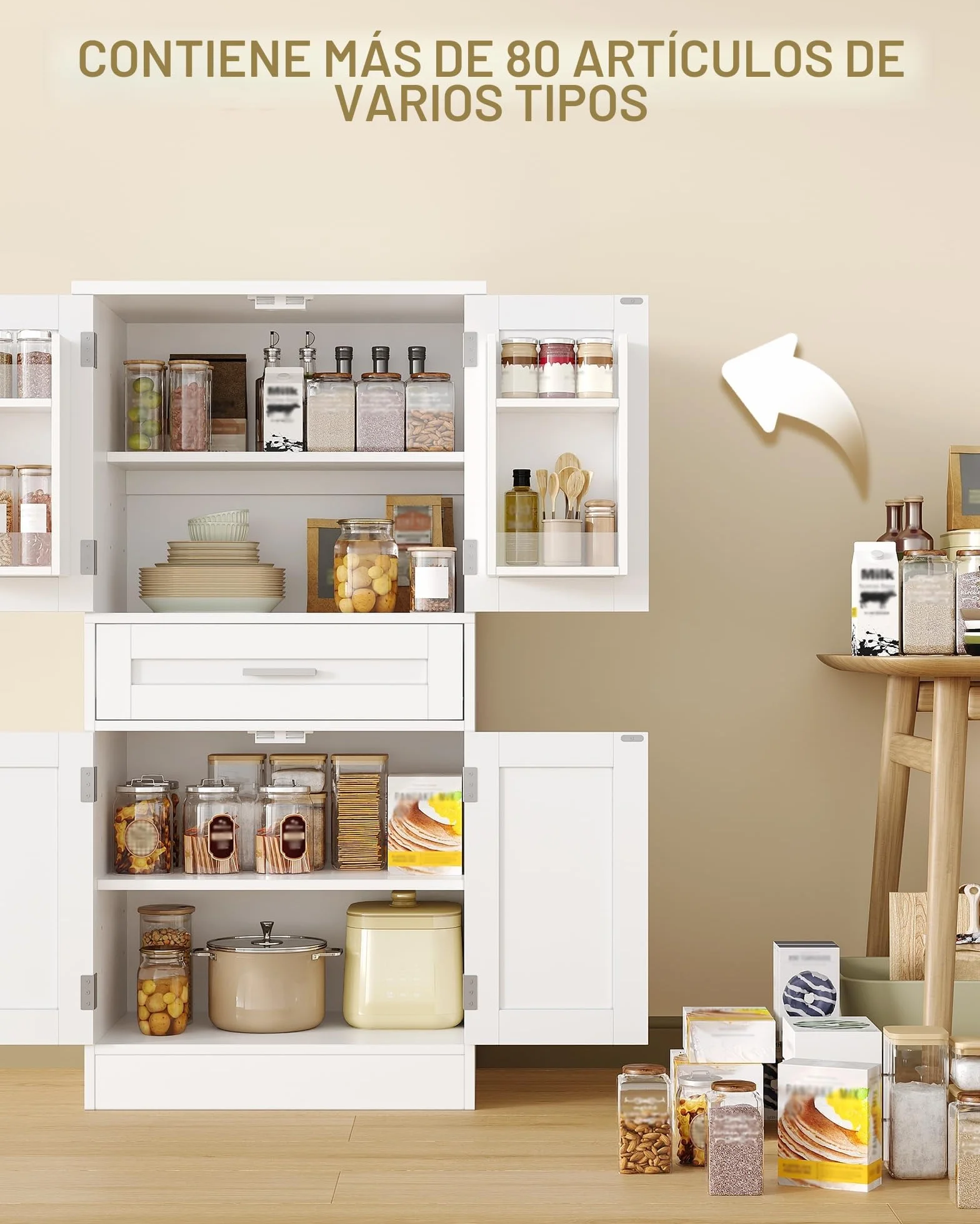 Alacena de Cocina 120 cm Aparador 4 Puertas 1 Cajón Armario Alto Blanco 40x60x120 cm