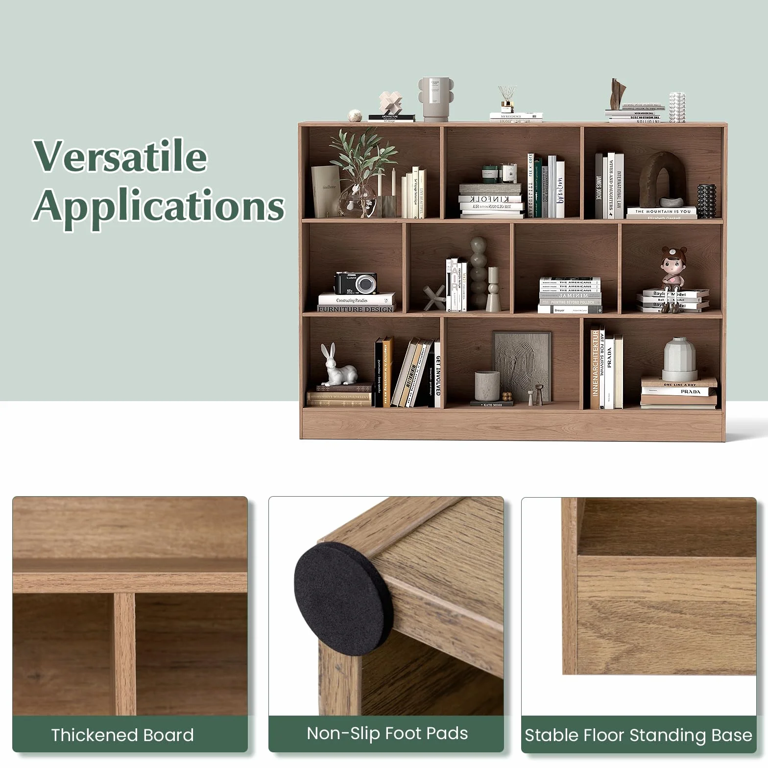 KOMFOTTEU Estantería Abierta con 10 Compartimentos, Librería de 3 Niveles con Dispositivo Antivuelco, Mueble de Almacenamiento para Salón, Oficina (Natural, 140 x 24 x 104 cm)