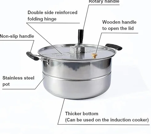 Máquina de palomitas de maíz de acero inoxidable, olla de gas antiadherente comercial para palomitas de maíz fáciles de reventar a mano