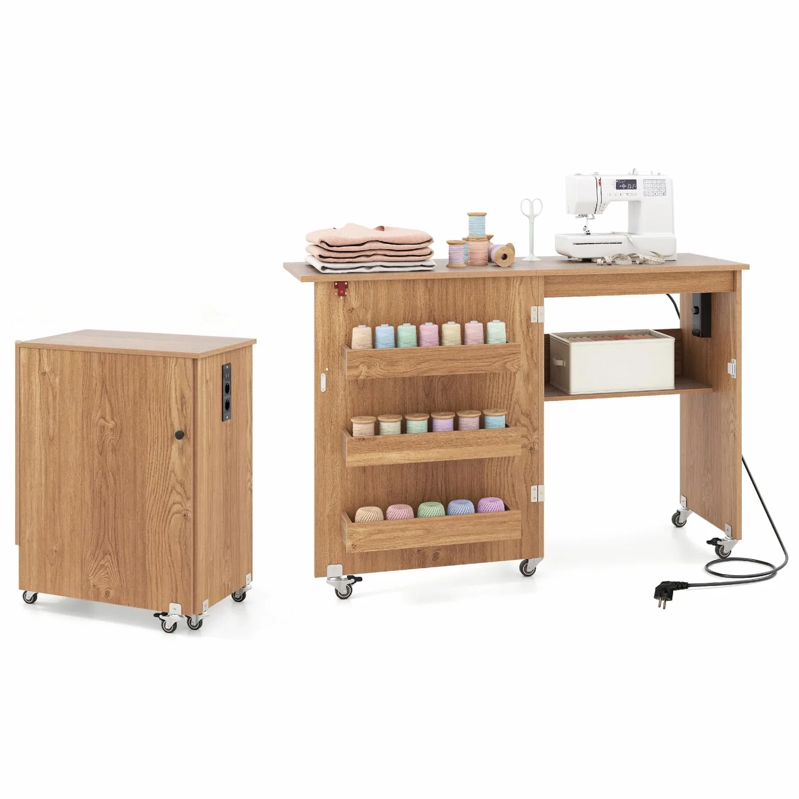 KOMFOTTEU Mesa de Costura Plegable con Estación de Carga, Mesa para Maquina de Coser con Estantes y 5 Ruedas, Armario de Almacenamiento Móvil para Hogar, Dormitorio (Natural)