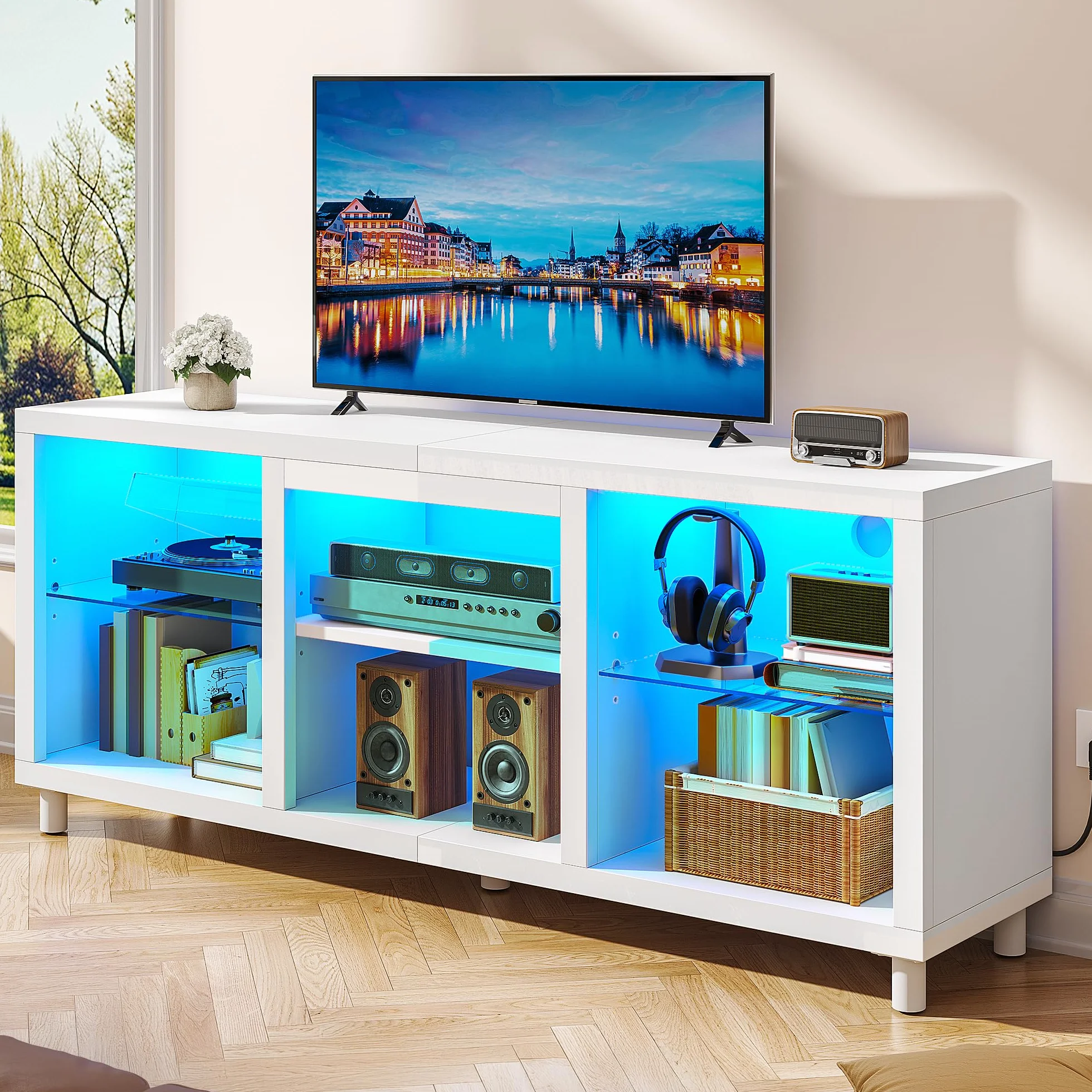 YITAHOME Mueble de TV para televisores de 65", Mueble de TV para Salón con Luces LED, Consola de TV LED con Estante Ajustable para Sala de Estar 148x35x60cm (Blanco)