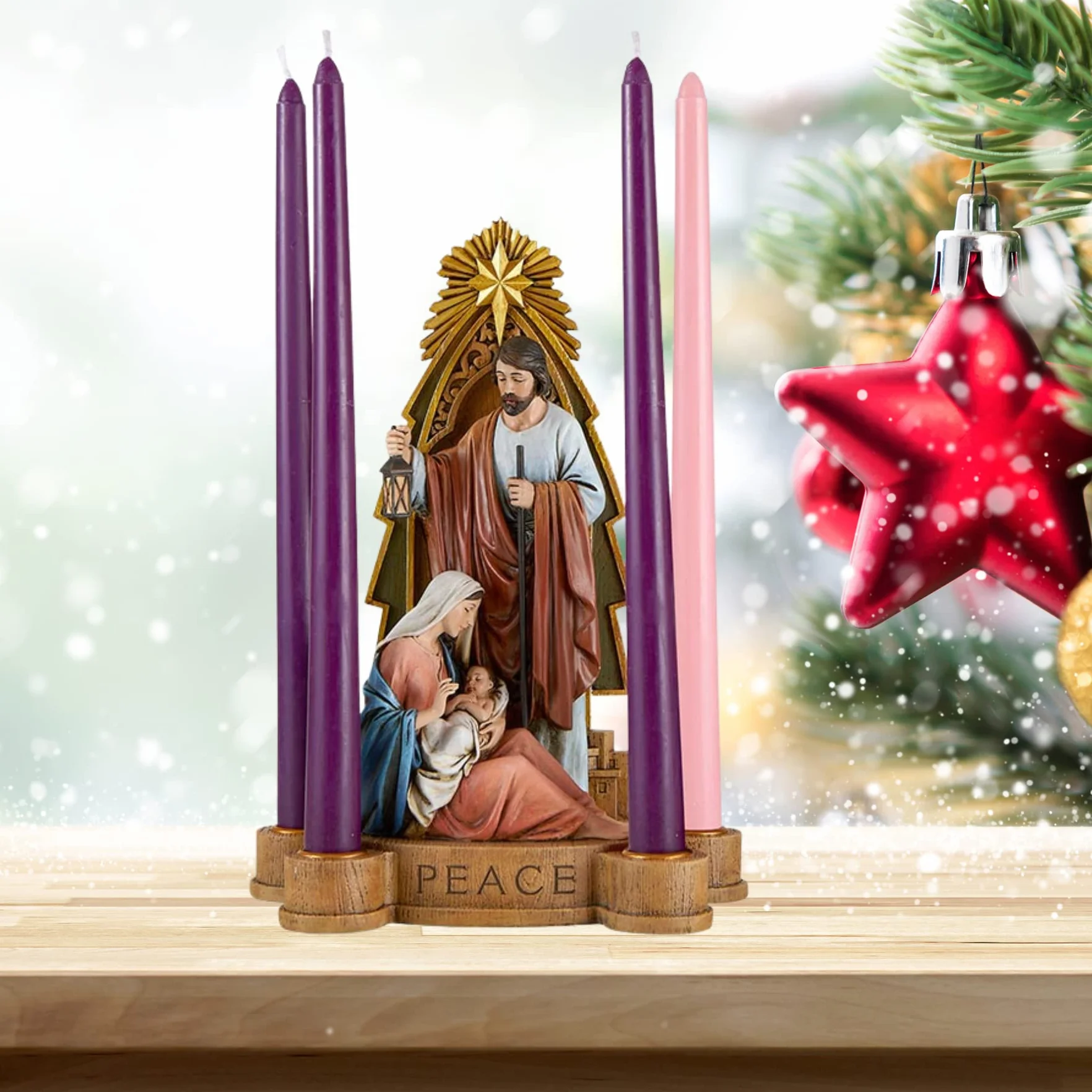 Good News - Portavelas de Adviento de la Sagrada Familia con Escrituras grabadas, figura religiosa de Navidad para interiores, decoraciones de Navidad para el hogar, 10.75 pulgadas