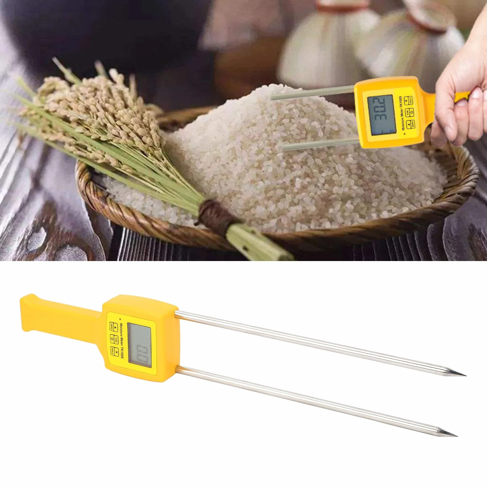 Probador de Humedad de Heno con Sonda, Medidor de Humedad Portátil para Alfalfa, Trébol, Forraje, Hierba de Orchad y Heno de Timoteo, Medición Rápida Precisa, Pantalla LCD,