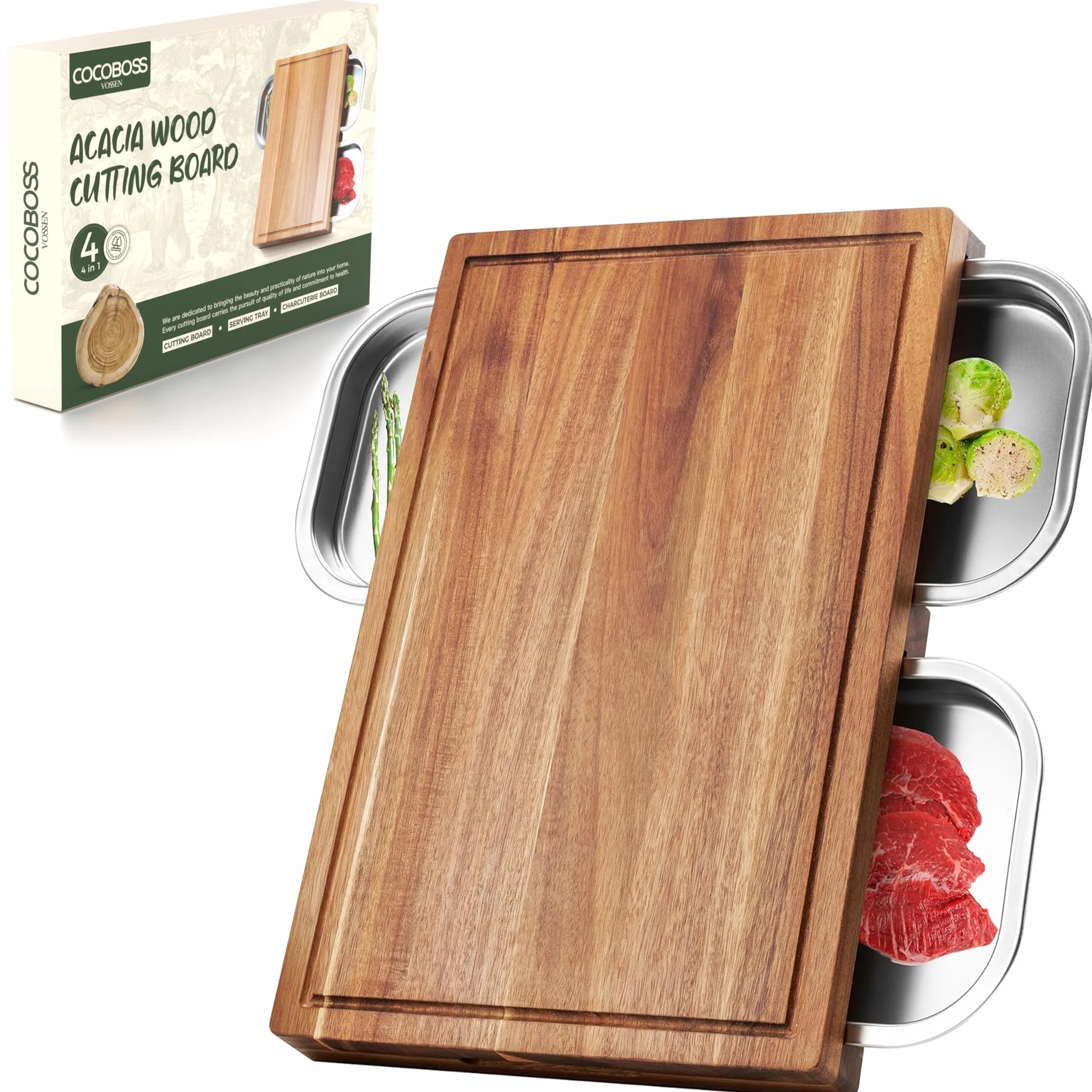 Tabla de cortar con bandeja recogedora, 44,5 x 30 x 6 cm, madera de acacia, tabla de cortar con 3 bandejas colectoras, tabla grande de madera de cocina