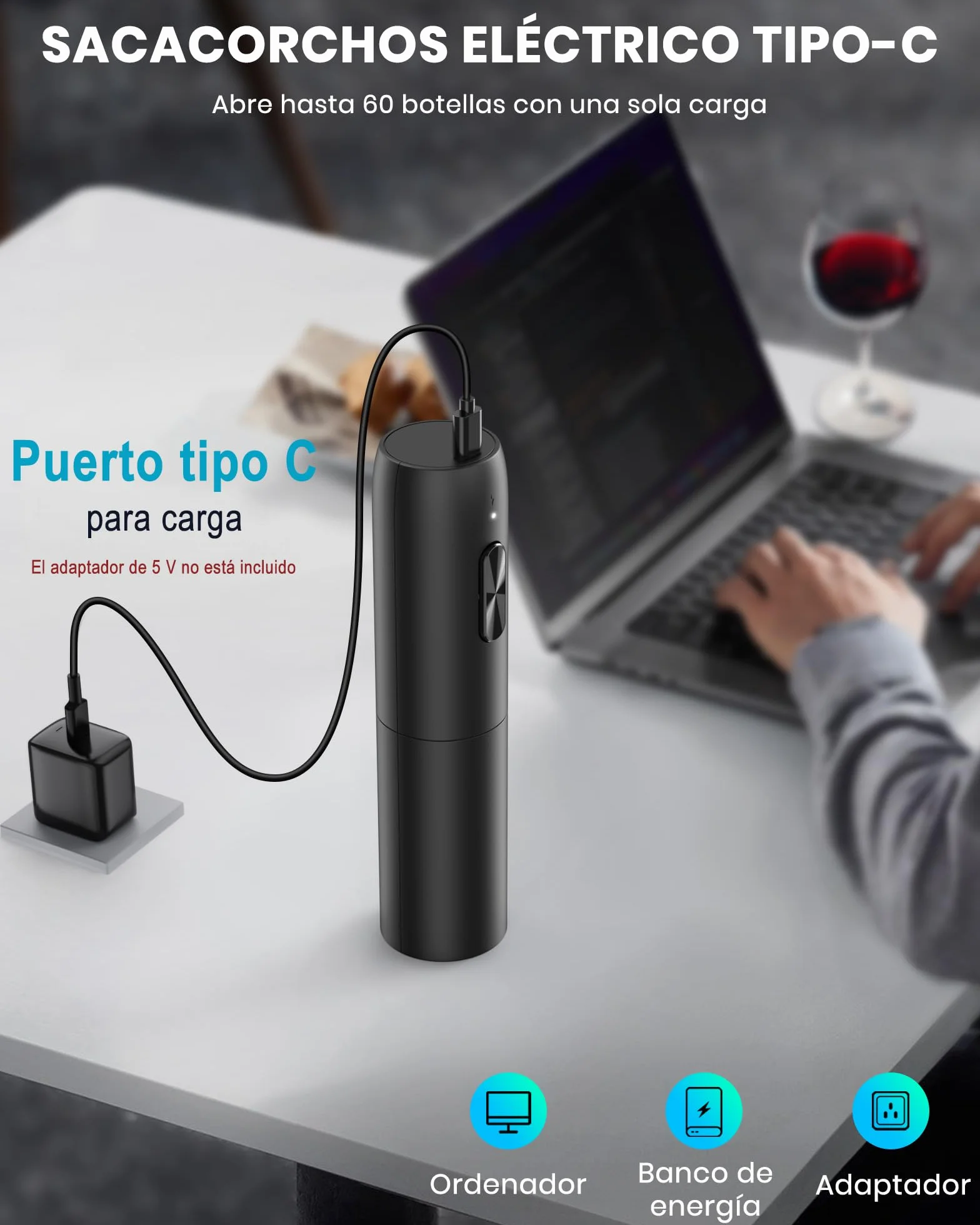 Sacacorchos eléctrico recargable abridor de vino profesional con cable USB