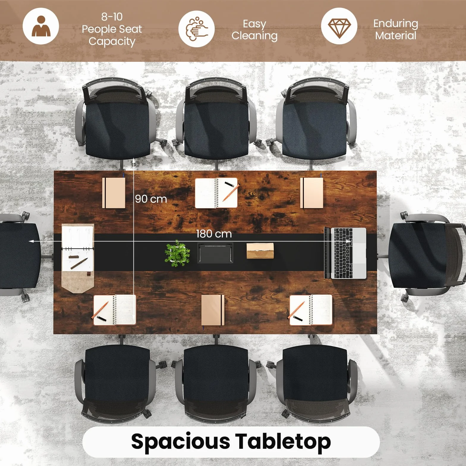 LIFEZEAL Mesa de Conferencias Rectangular, 180x90x75,5 cm, Mesa de Reuniones 8-10 Personas, Escritorio para Seminarios con Orificio para Cables, Tapa de Madera y Estructura Metálica, Estilo Industrial