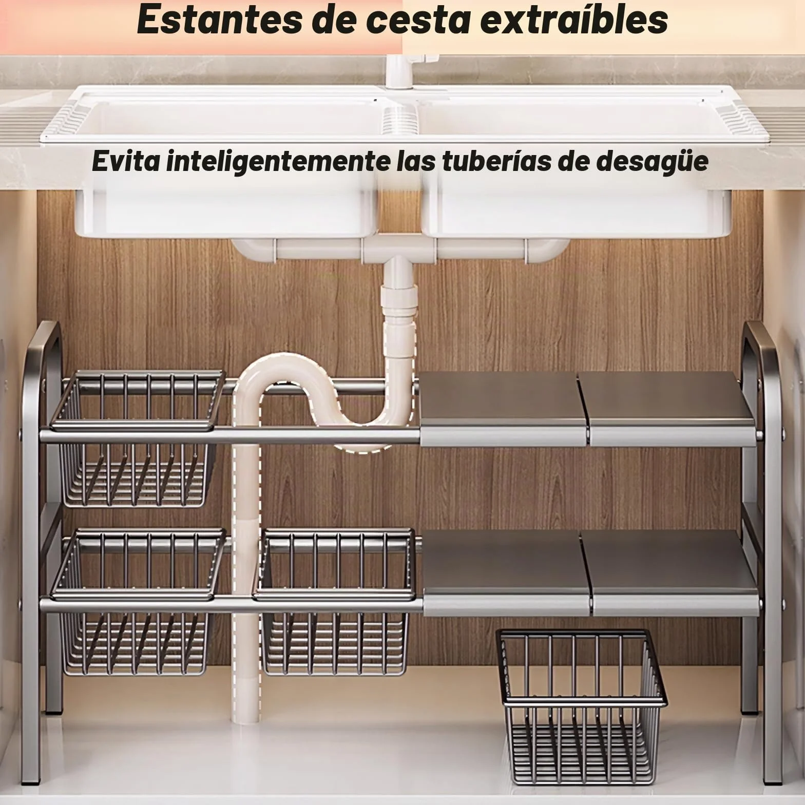 ViWaVee Organizador Cocina Bajo Fregadero Extensible 53-93cm para Armario | Altura Ajustable 5cm + 4 Cestas y Placas | Multiusos Baño Balcón | Almacenaje Productos Limpieza Ollas