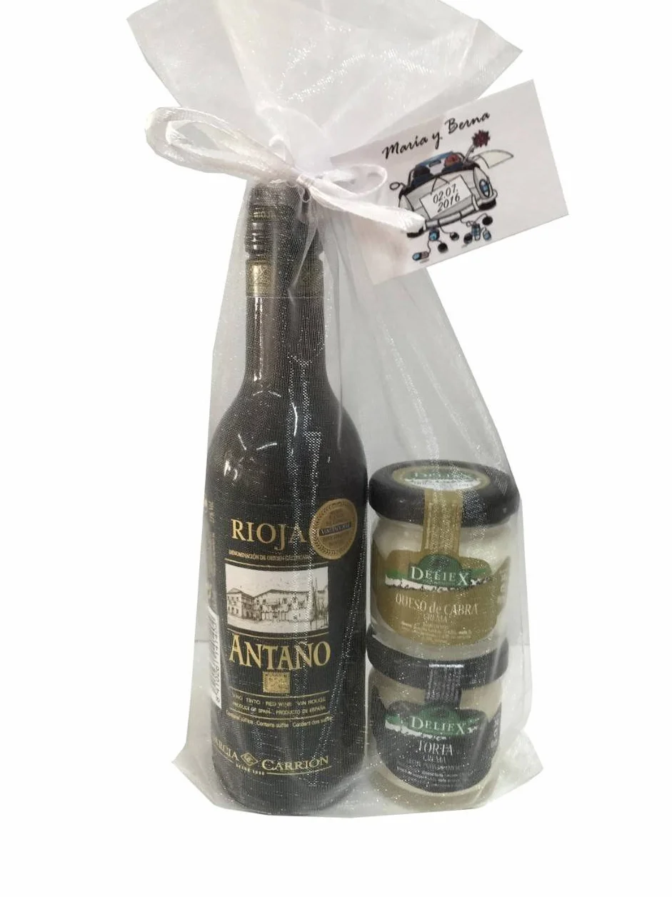 Regalo con vino tinto Rioja Antaño y dos tarros miniaturas de queso (cabra y torta) para celebraciones (Pack 24 ud)