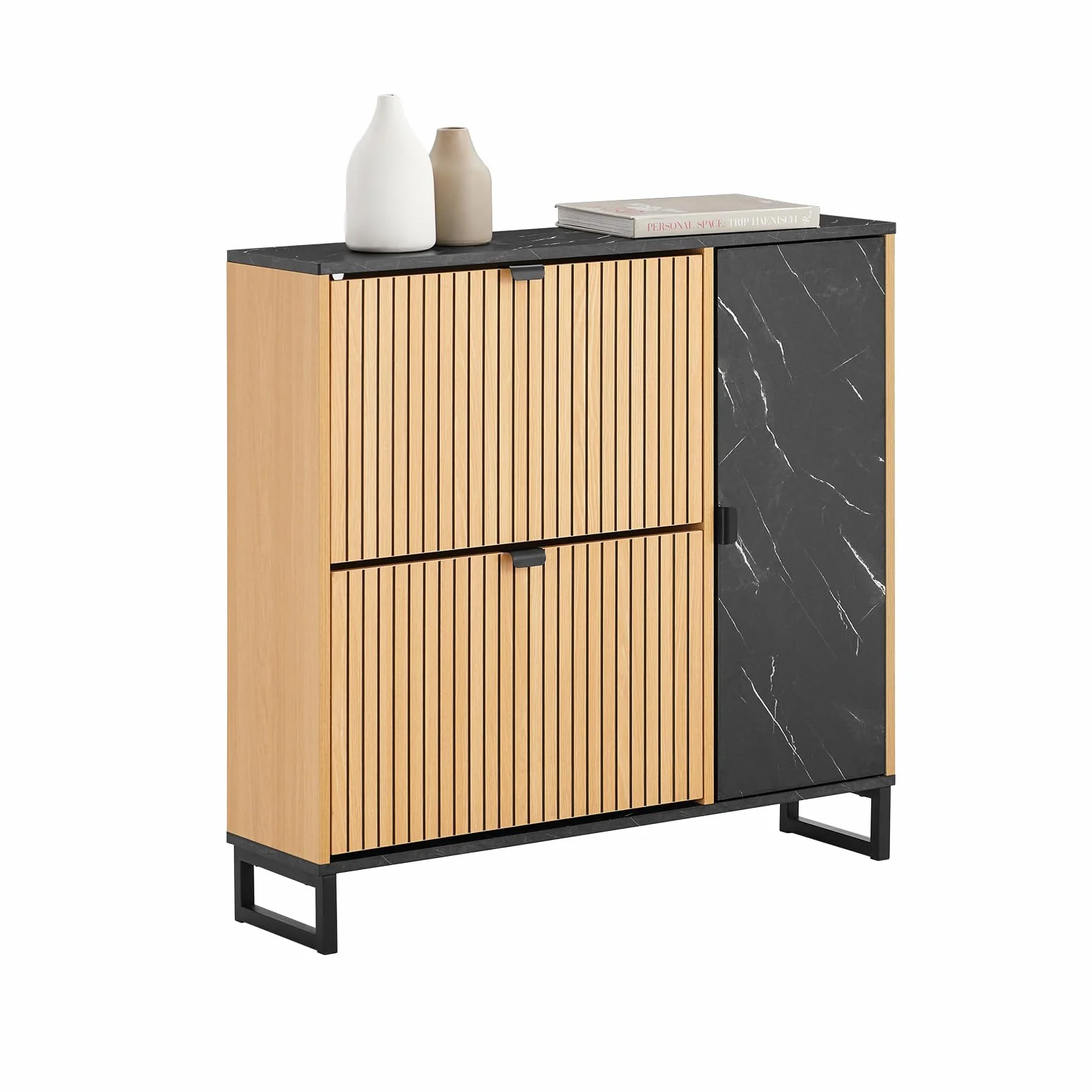 SoBuy Zapatero Entrada Recibidor Estrecho con Cajones Abatibles y Armario Lateral, Mueble Recibidor Estilo Nórdico, Ahorra Espacio - Negro y Roble Claro, 90x24x88cm, Carga 60KG - FSR203-N