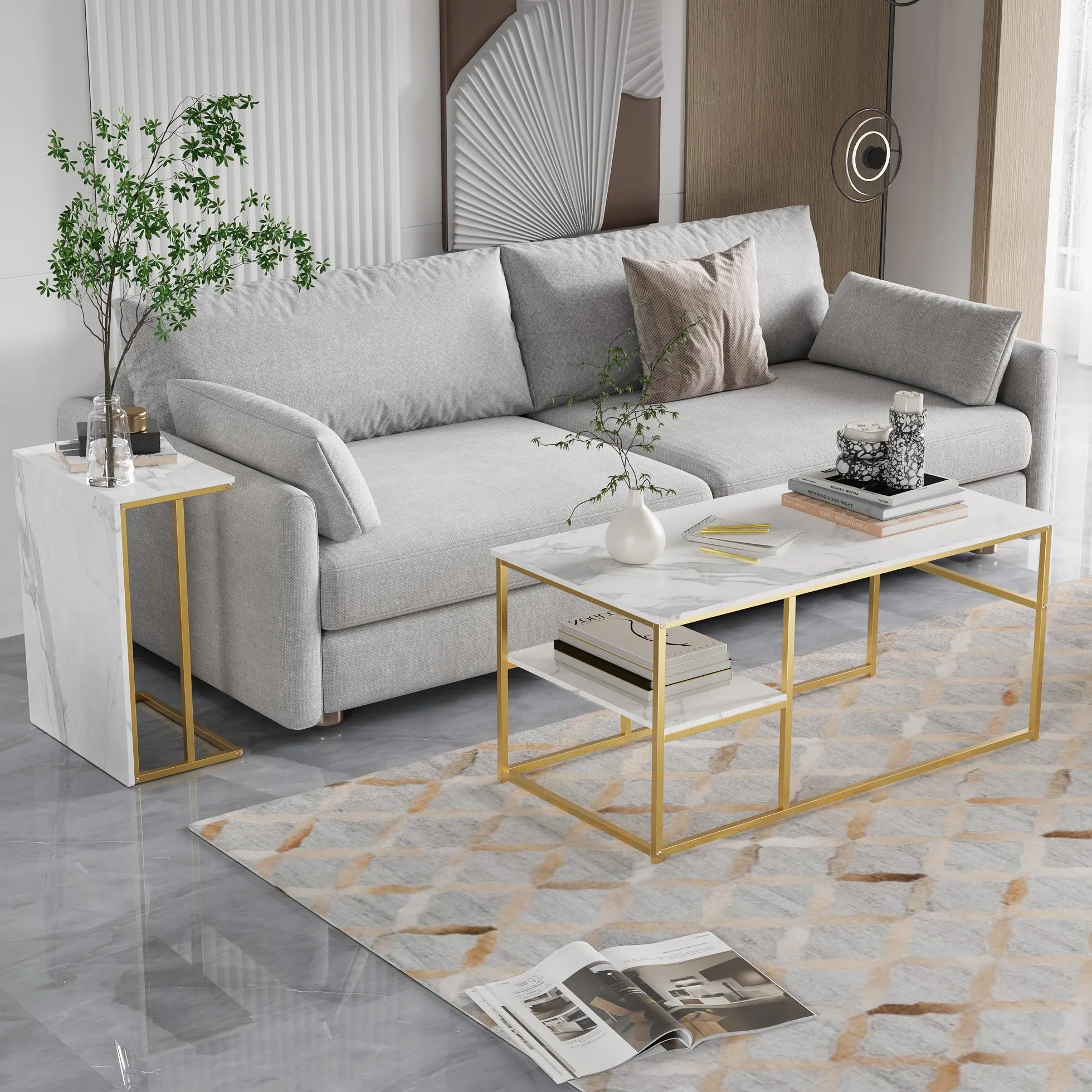 Juego de 2 Mesas de Salón Rectángulo: Mesa Centro + Auxiliar - Mesa de Café Anidables con Estructura Metal para Sala de Estar,Modernas,Blanco Dorado