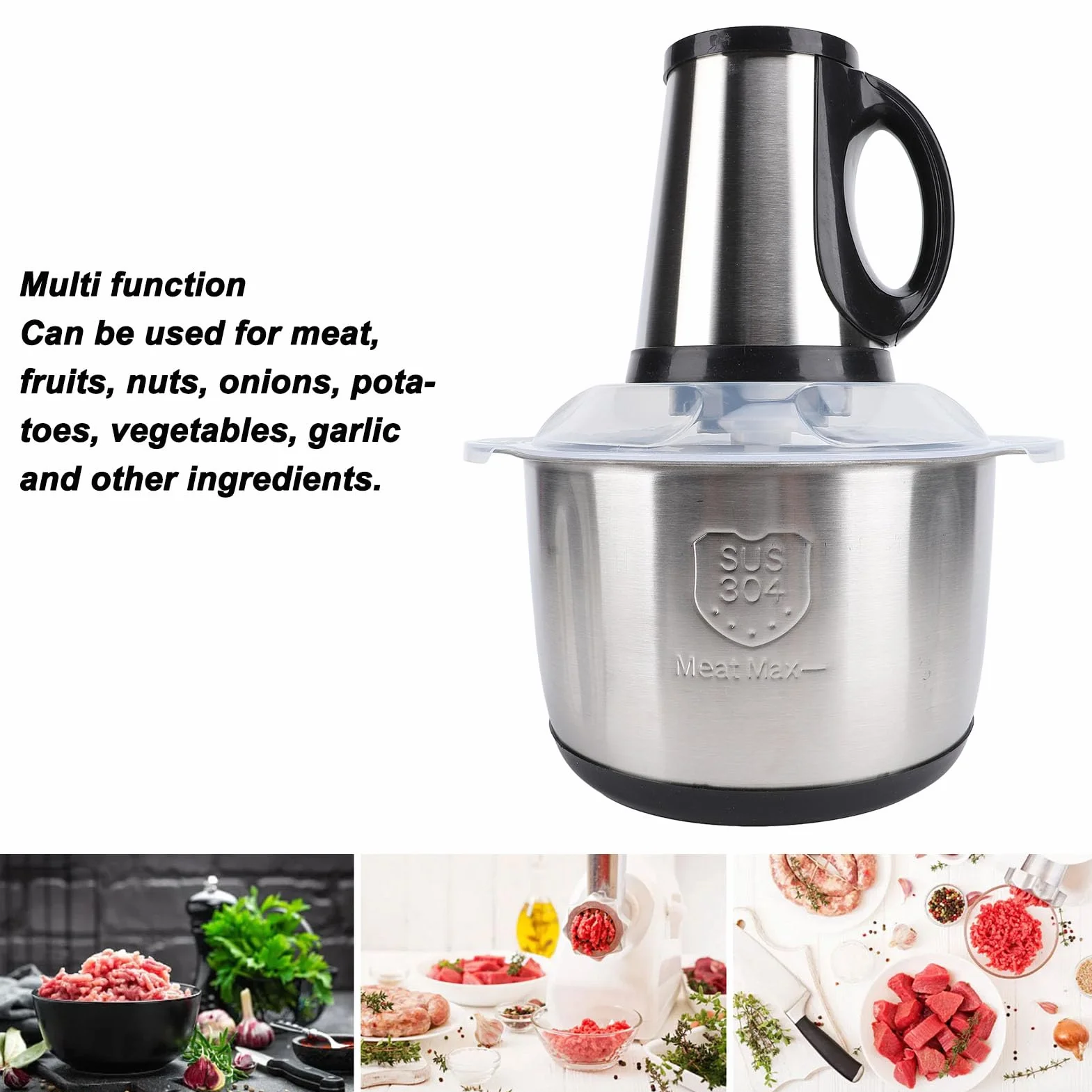 Picadora de Carne Eléctrica, Procesador de Alimentos Compacto de Capacidad de 5 Litros con Motor de Cobre de 500 W, Picadora de Verduras Eléctrica de Acero Inoxidable (Enchufe