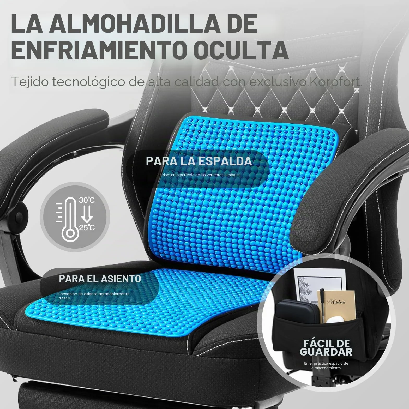 Dowinx Silla Gaming de Tela con Reposapiés Abatible y Extraíble, Silla Ergonómica para Oficina con Cojín de Gel y Muelles Ensacados, Silla Gamer Reclinable con Soporte Lumbar, para Adultos, Negro