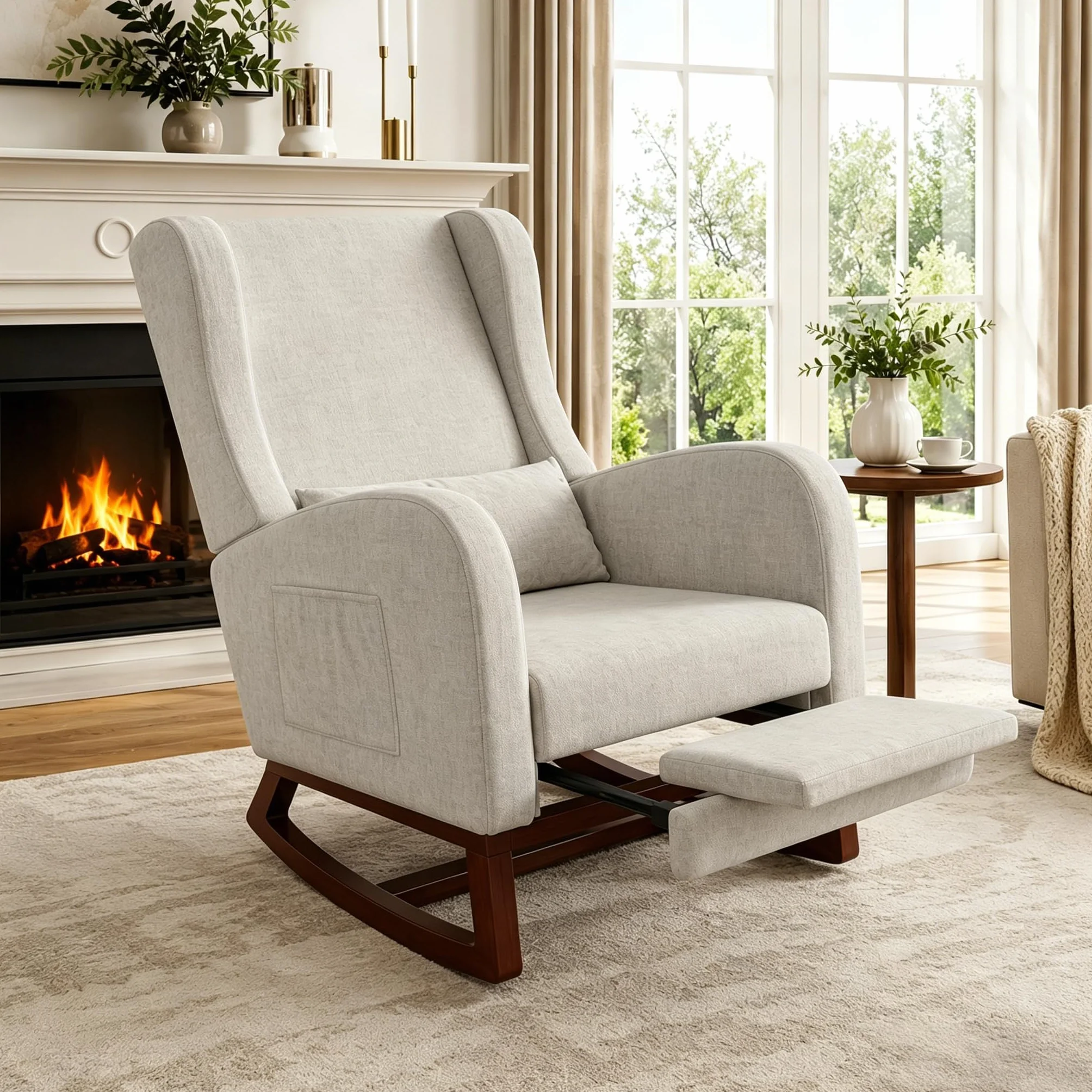 Silla Mecedora con reposabrazos y Bolsillos Laterales, Patas de Madera Maciza, Silla de relajación para Lactancia, Adecuada para Sala de Estar y Dormitorio, con cojín Acolchado (Gris)