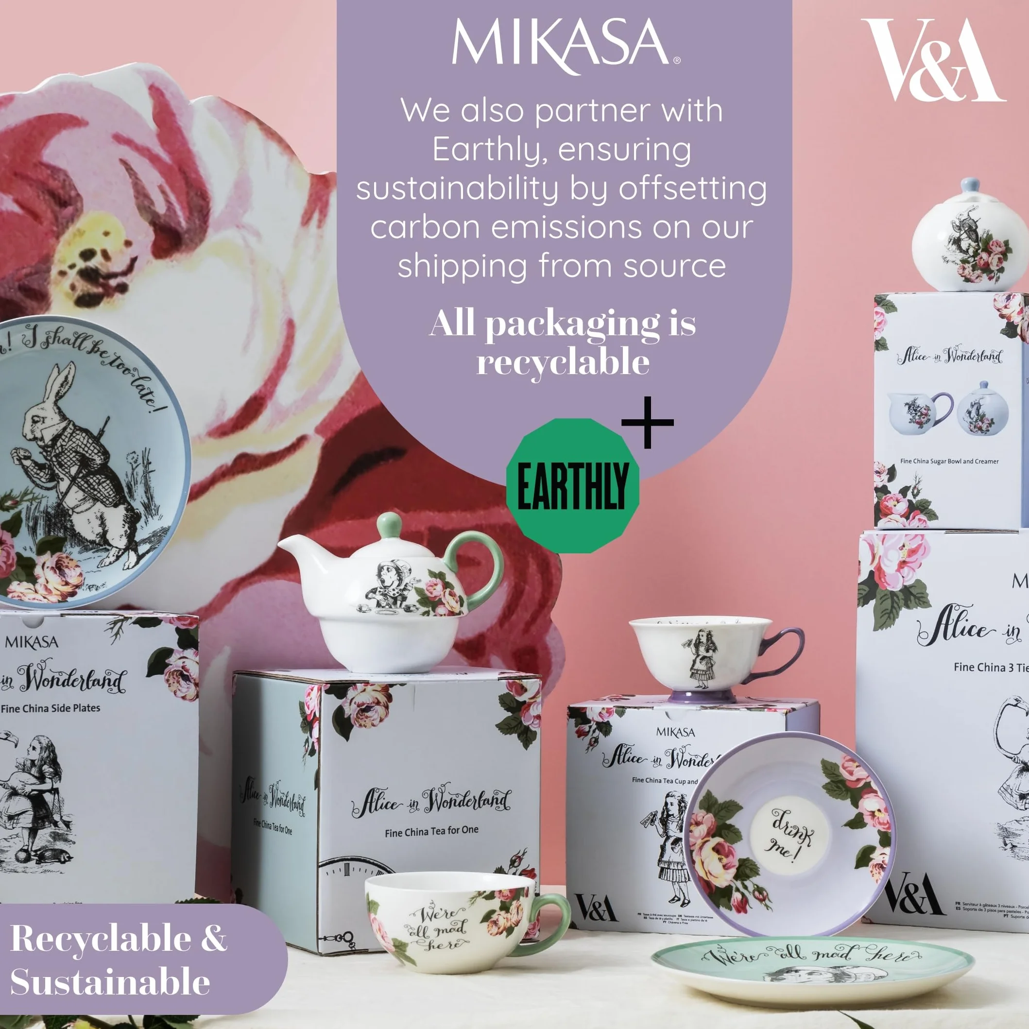 MIKASA and The V&A - Juego de 4 platos para tartas para té de la tarde, 21 cm, porcelana china, té de Alicia en el país de las maravillas, apto para lavavajillas y en caja de regalo