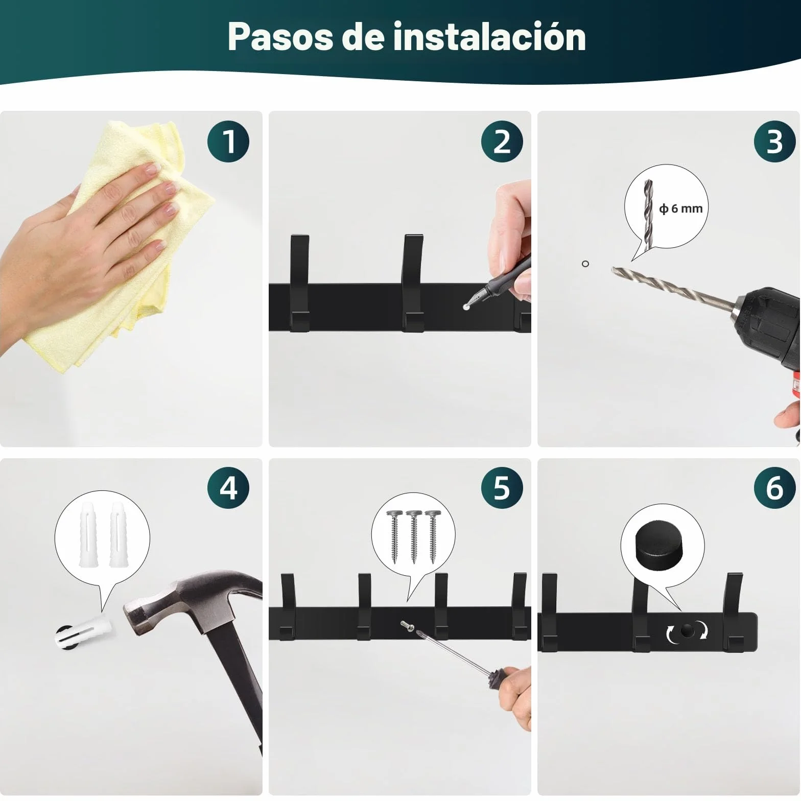 AUXHCYL Percheros Pared Negro 2 Piezas Colgador Ropa Pared 6 Ganchos para Chaquetas Abrigos Bolsos