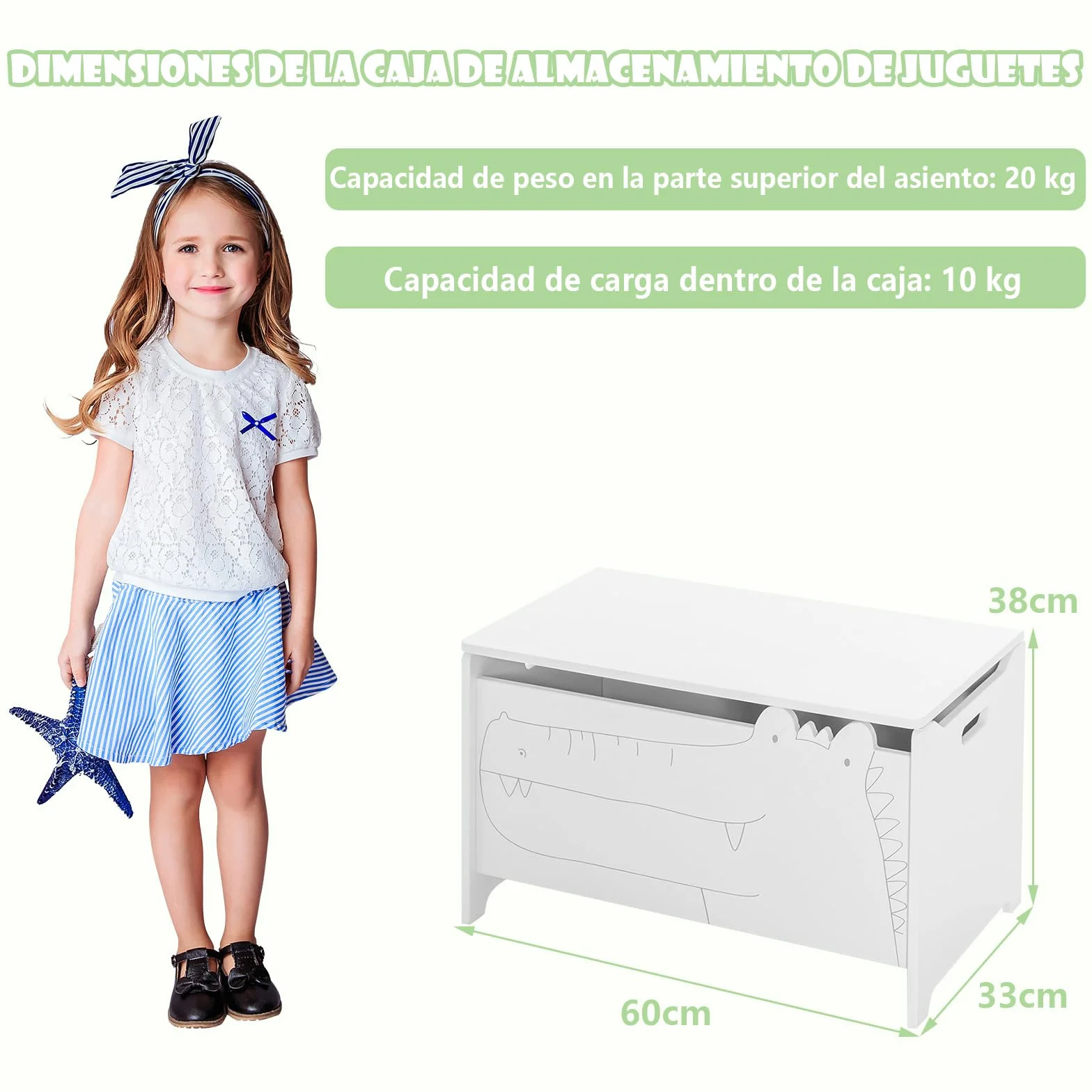 COSTWAY Caja de Almacenamiento de Juguetes de Madera, Cajón Infantil con Bisagra de Seguridad 33x60x37,5cm Blanco