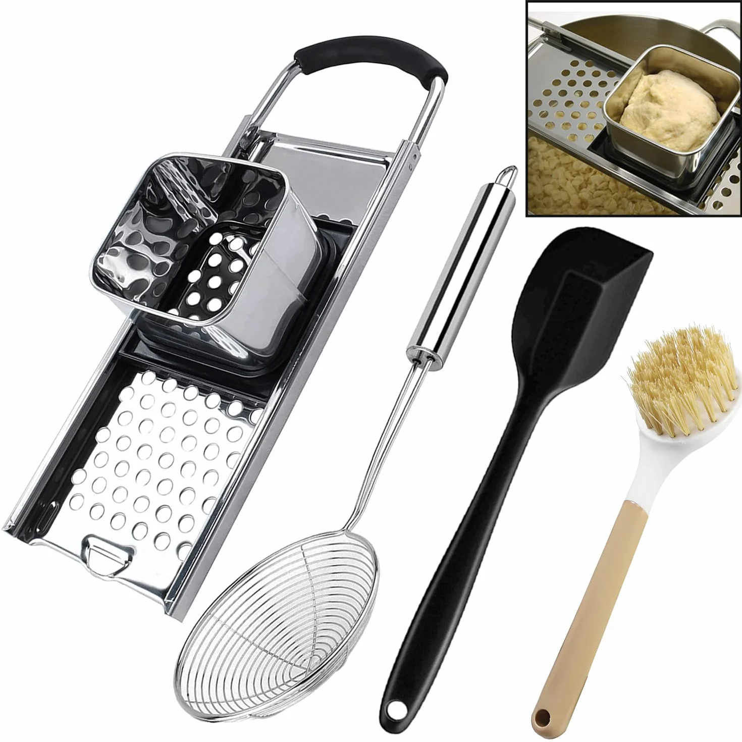 Spaetzle de acero inoxidable de grado premium con mango de agarre cómodo, cuchara de acero inoxidable con cepillo de limpieza, juego de herramientas para hacer bolas de masa hervida alemanas caseras