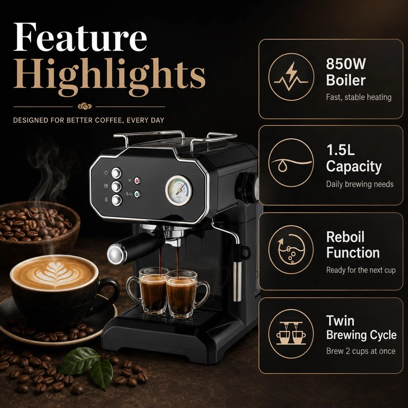 Cafetera Espresso De 15 Bares, Máquina Automática Con Vaporizador Para Espumar Leche, Cafetera De Alta Presión Para Cappuccino Y Latte, 850 W, Ideal Para El Hogar Y La Oficina