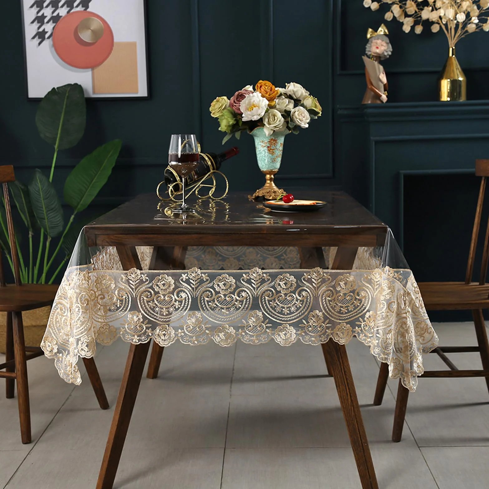 Qubjus Mantel de plástico transparente, impermeable, rectangular, de vinilo, con encaje bordado, para comedor, cocina, bufé, banquetes, fiestas (60 x 98 pulgadas, café)
