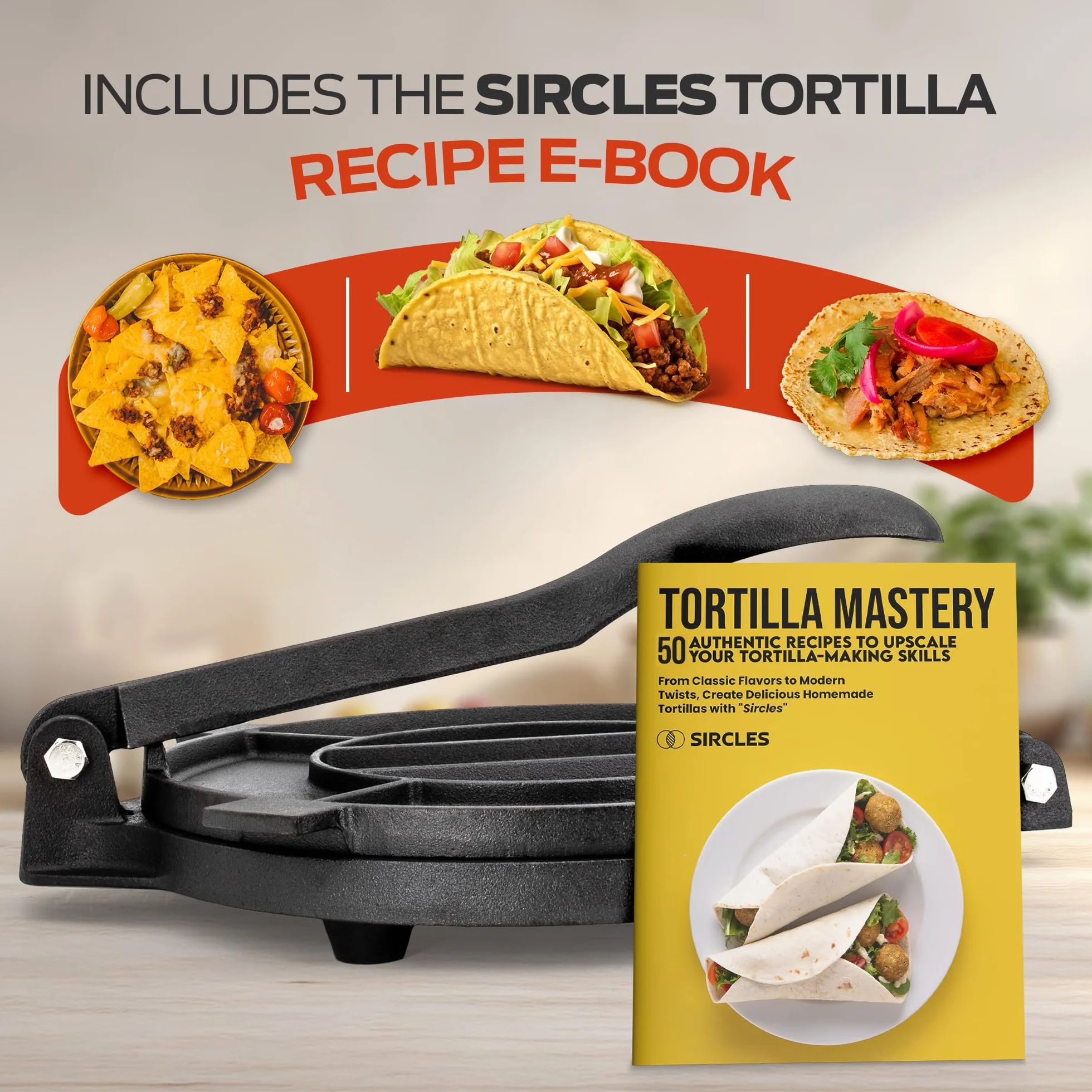 SIRCLES Prensa para tortillas de hierro fundido de 12 pulgadas, extra grande, resistente de 12 pulgadas, recetas de tortillas de libro electrónico, 5 pies de goma antideslizantes, presazonada, prensa