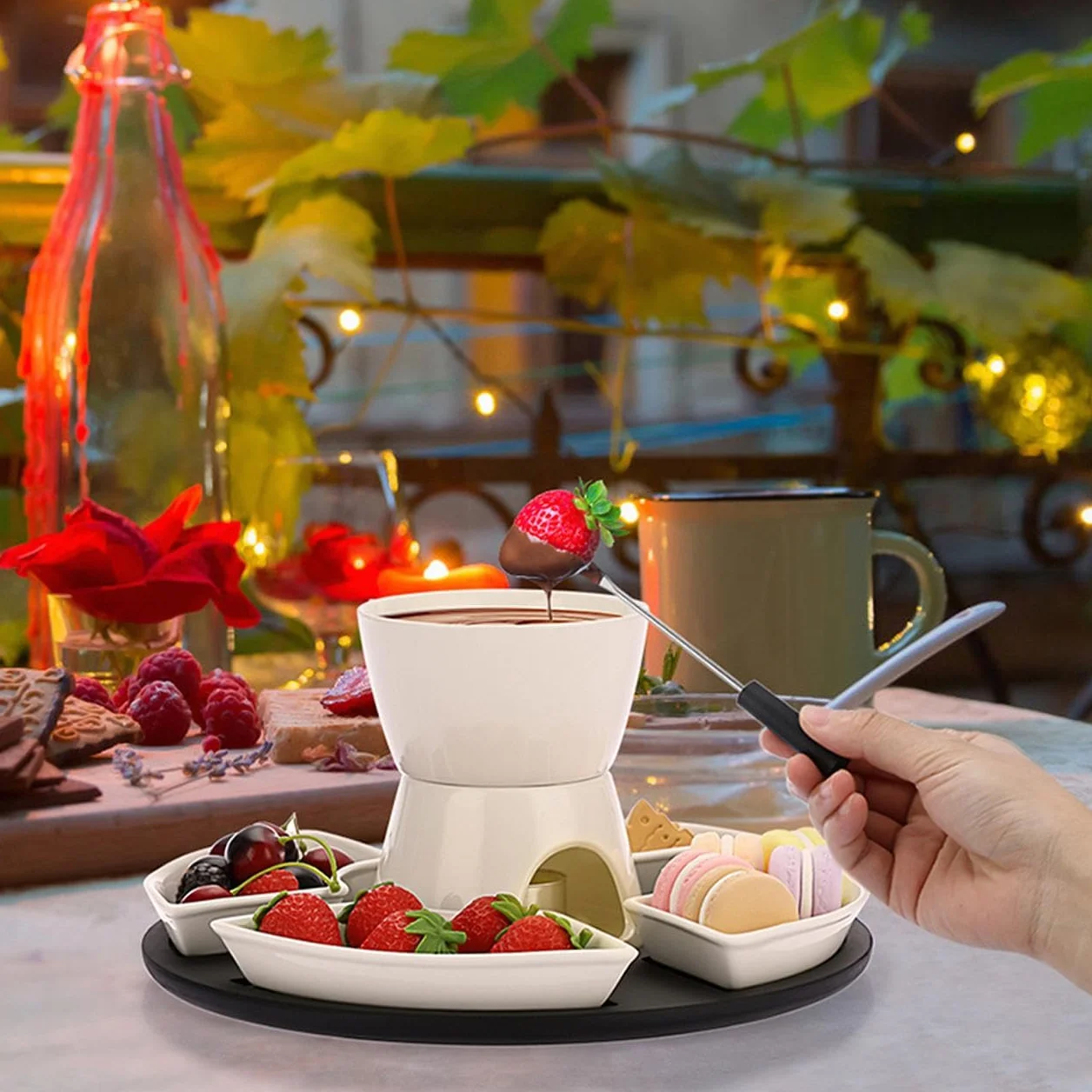 Fondue de Chocolate 300ml Cerámica Blanca Juego de Fundidor de Queso Cuadrado 11 Piezas con 4 Tenedores y Platos de Madera