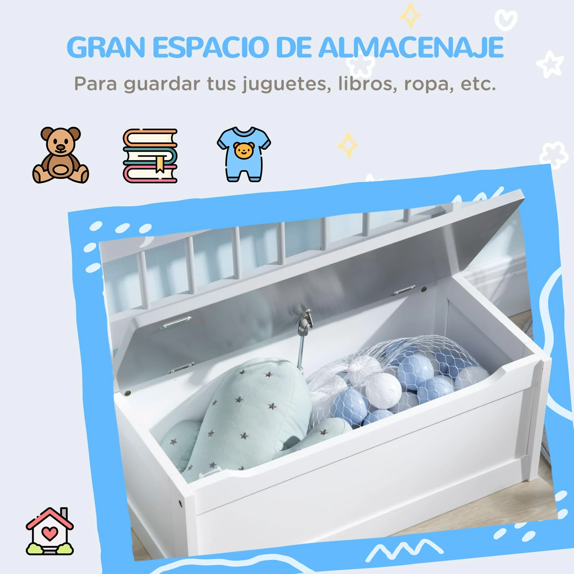 ZONEKIZ 2 en 1 Baúl de Juguetes para Niños de +18 Meses Banco de Almacenaje Infantil con Tapa de Cierre para Dormitorio Sala de Juego Carga 50 kg 60x30x50 cm Gris y Blanco