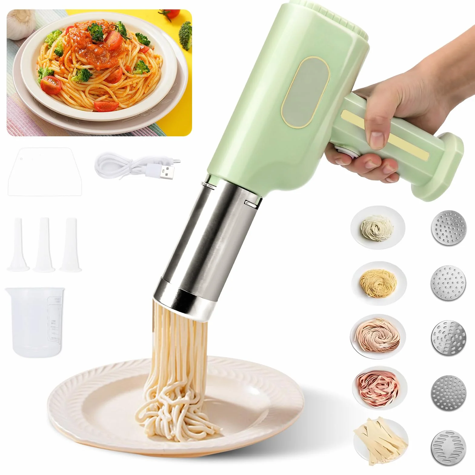 Máquina de pasta eléctrica, prensa de pasta portátil con batería de 2600mAh, 5 moldes para pasta, 3 cabezales para salchichas, espátula y vaso medidor, máquina de pasta automática