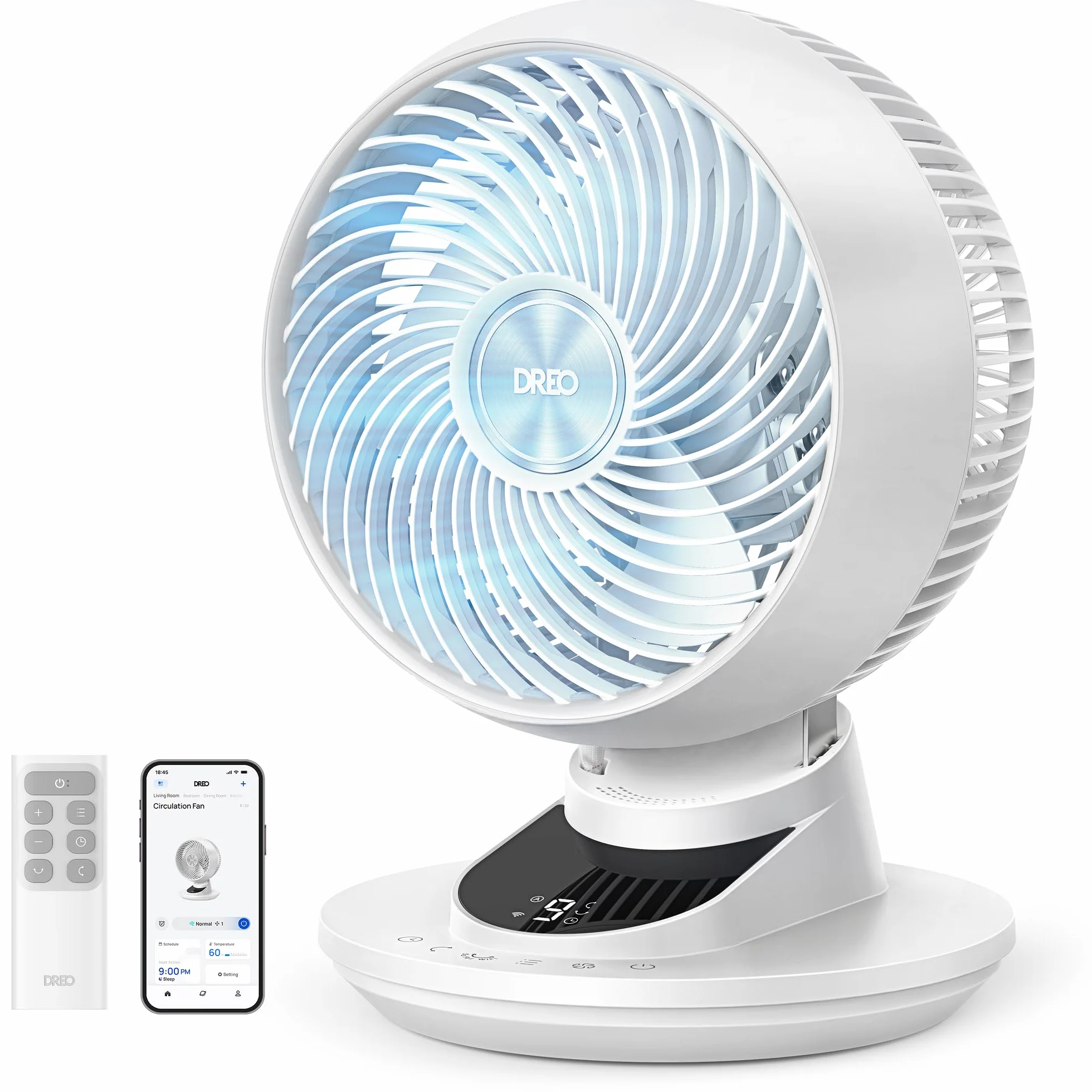 Dreo Ventilador de Mesa 3D para Dormitorio, Aire Potente 8.8 m/s, Ultra Silencioso 22 dB, Oscilación 90°, Control por App y Voz, 9 Velocidades, Temporizador 8/12 h, Ideal para Hogar y Oficina