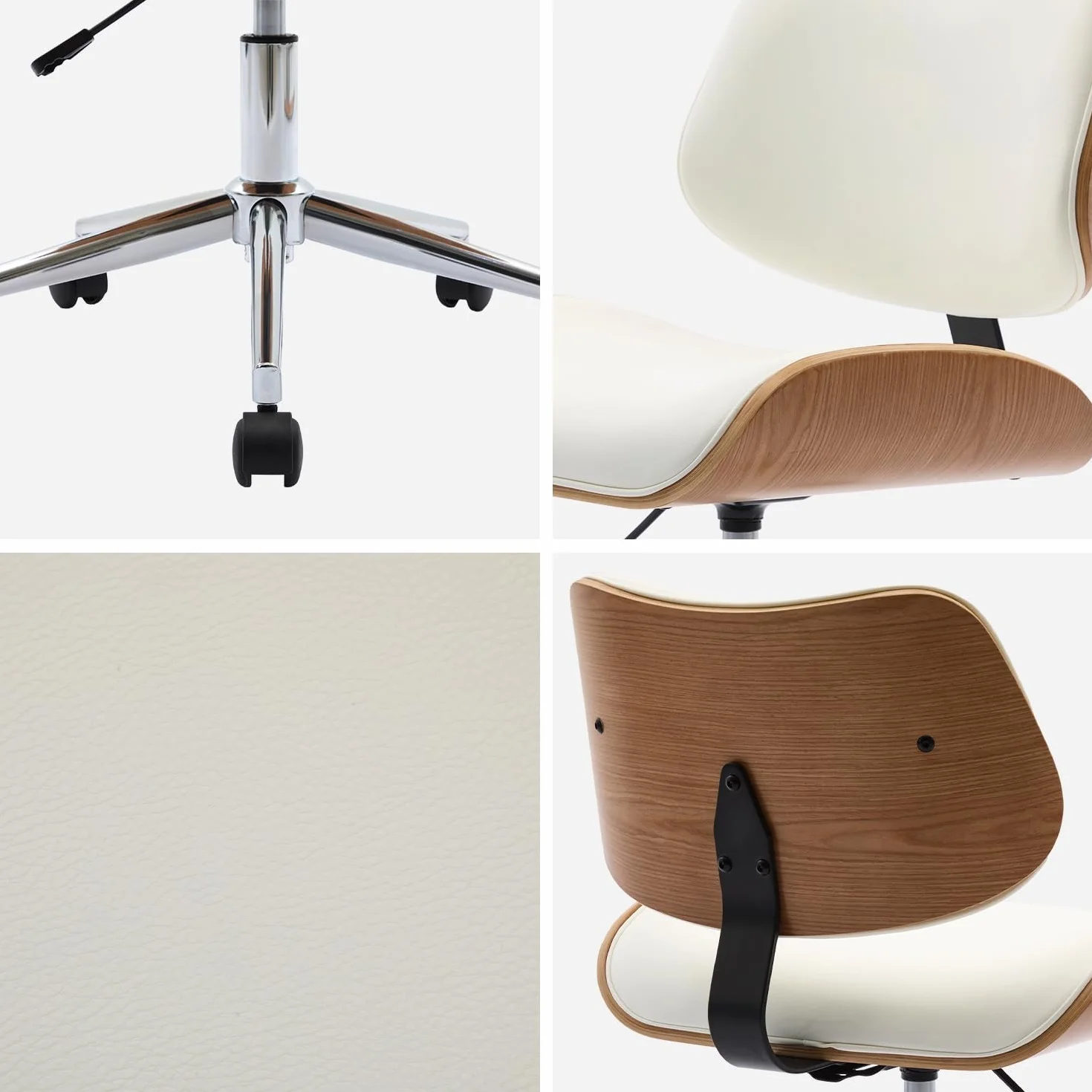 sweeek-Silla de Oficina con Ruedas, Madera Curvada y Acabado en Polipiel, Karen, Blanco, 52x53x88 cm