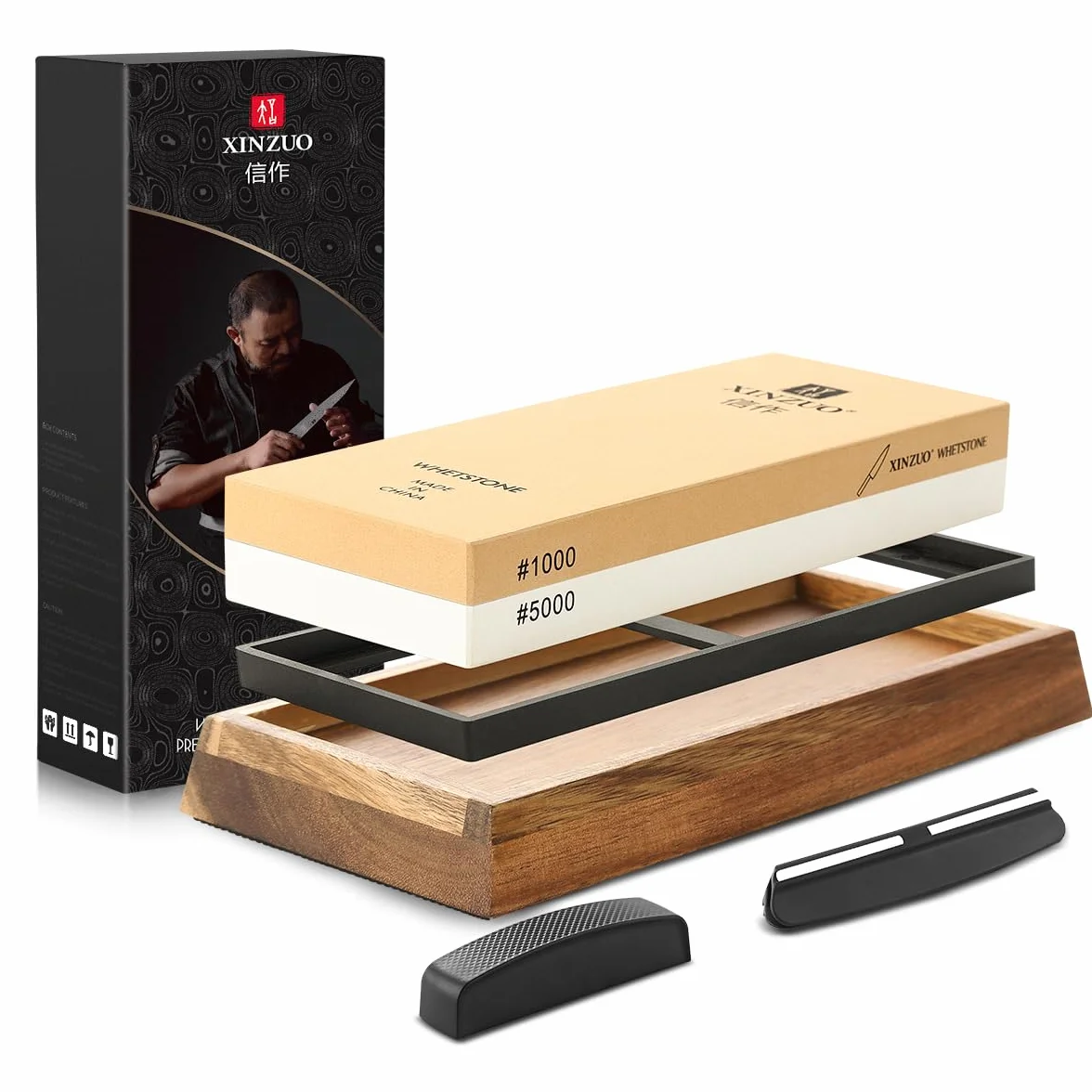 XINZUO Piedra de Afilar de Grano de Doble Cara de 1000/5000, Profesional Afilador Cuchillos 2-en-1, Juego de 5 piezas -con Base Antideslizante y Guía de Ángulo y Piedra de Aplanamiento de Diamante