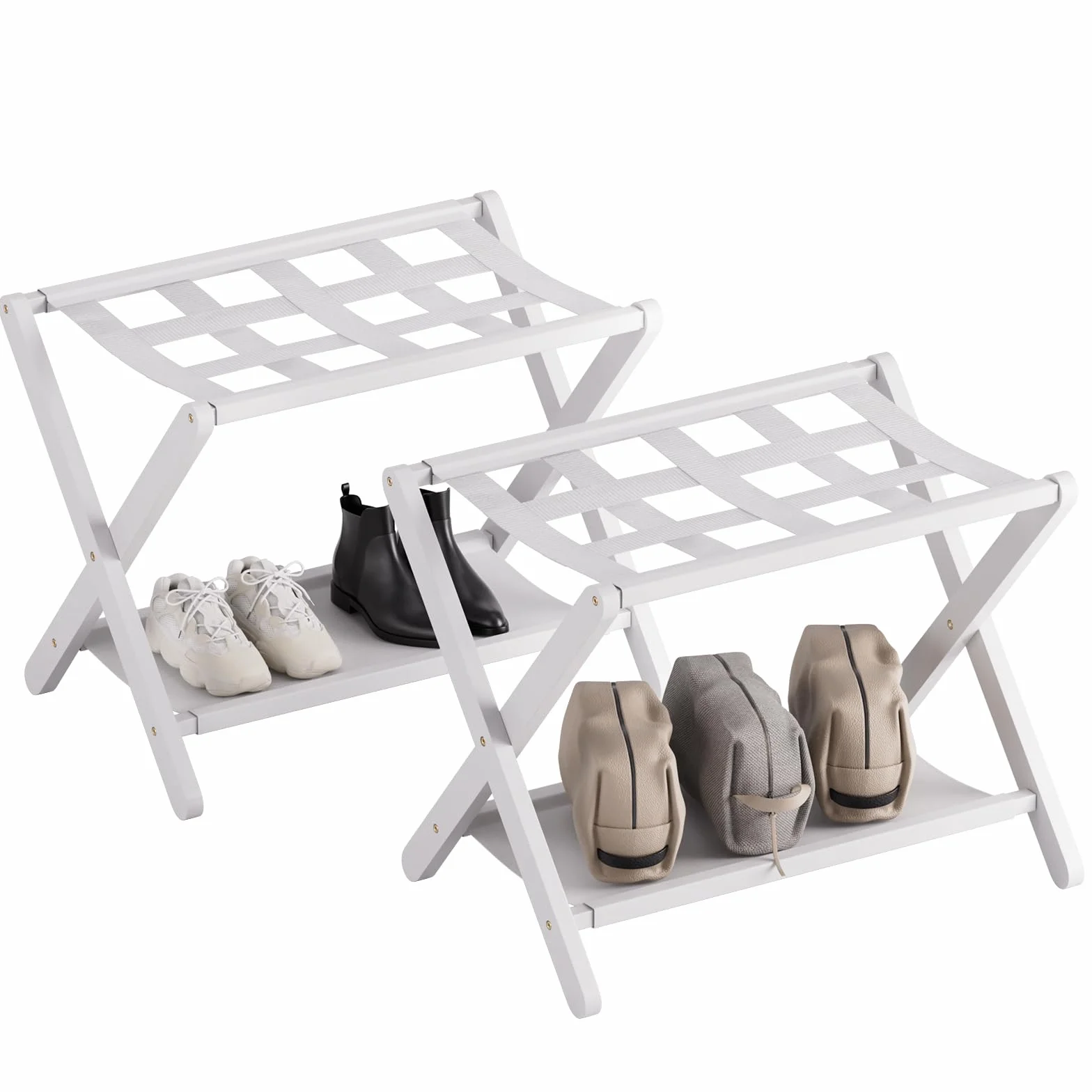 HITNET Soporte Maletas Blanco, Portaequipaje Plegable con Estante de Almacenamiento, Reposa Maletas Hotel con 5 correas, Set de 2