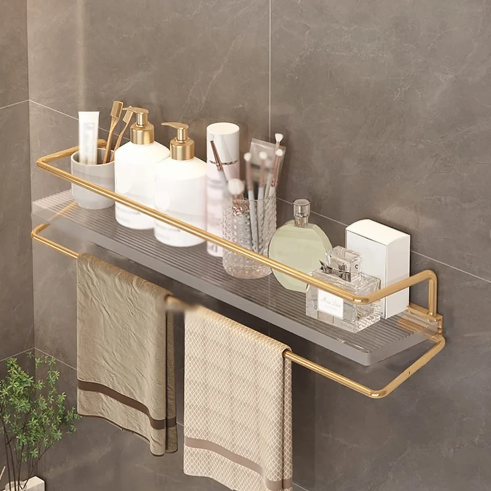 LUUYYI Moderno estante de esquina dorado para montar en la pared con toallero, estantes flotantes de acrílico transparente de 50 cm para baño, ducha, organizador de maquillaje y soluciones de