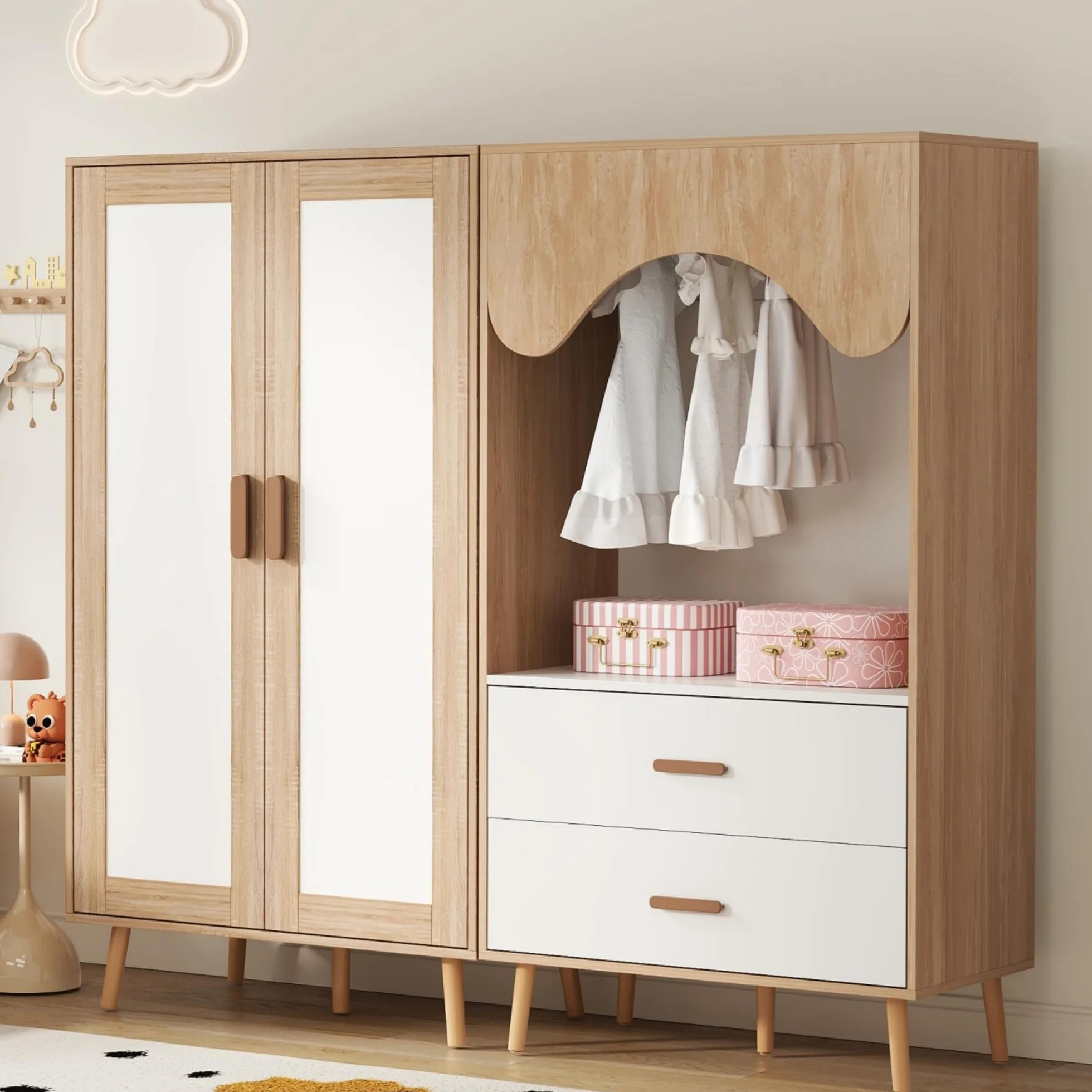 Armario infantil, juego con armario de dos puertas y abierto, para dormitorio, con barra para colgar y cajones, en color blanco y madera, 160 x 46 x 141,5 cm, Natural+Blanco
