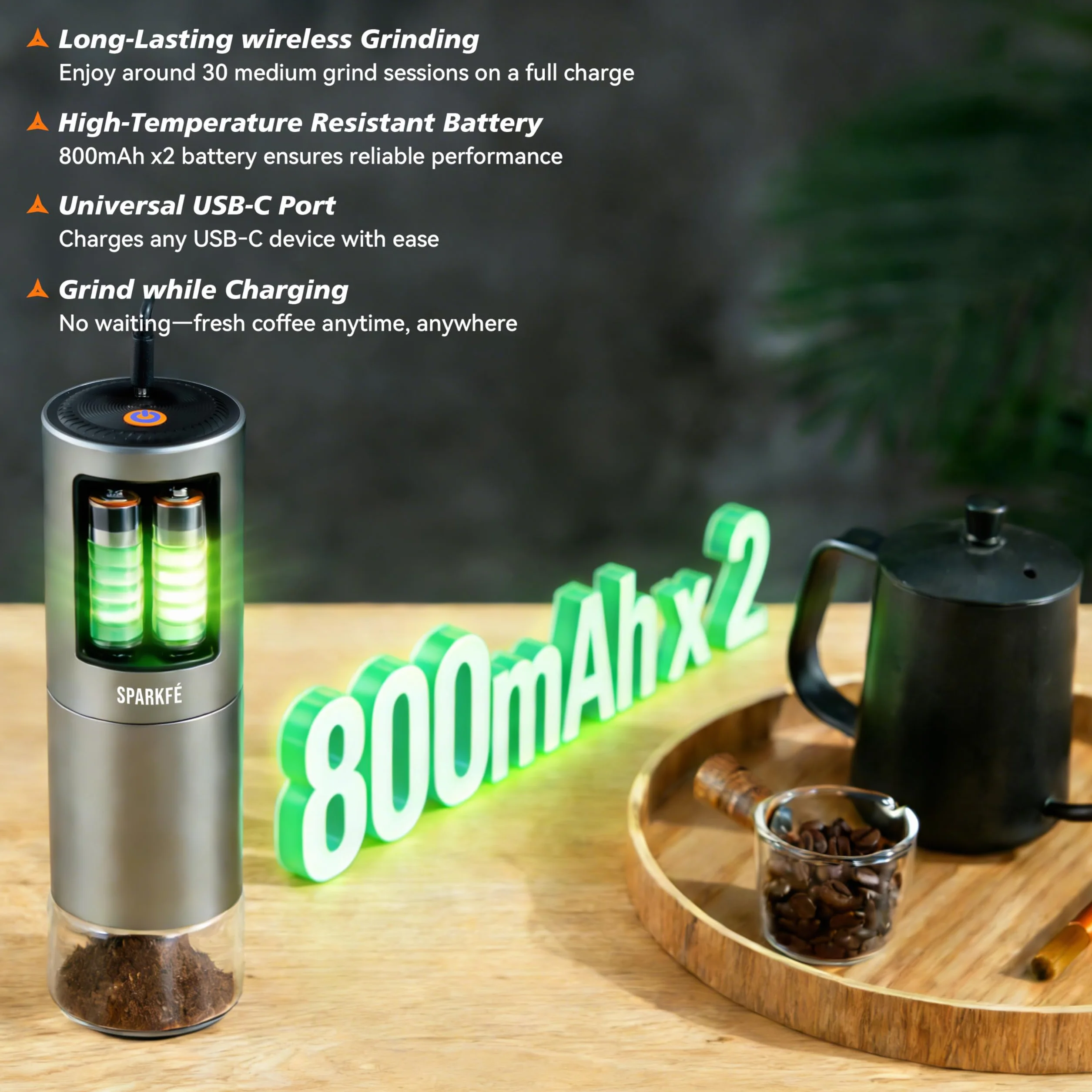 Molinillo de café eléctrico portátil, molinillo de mano recargable con rebaba cónica de acero inoxidable, ajustes de molienda ajustables, para espresso, moka, vertido, prensa francesa