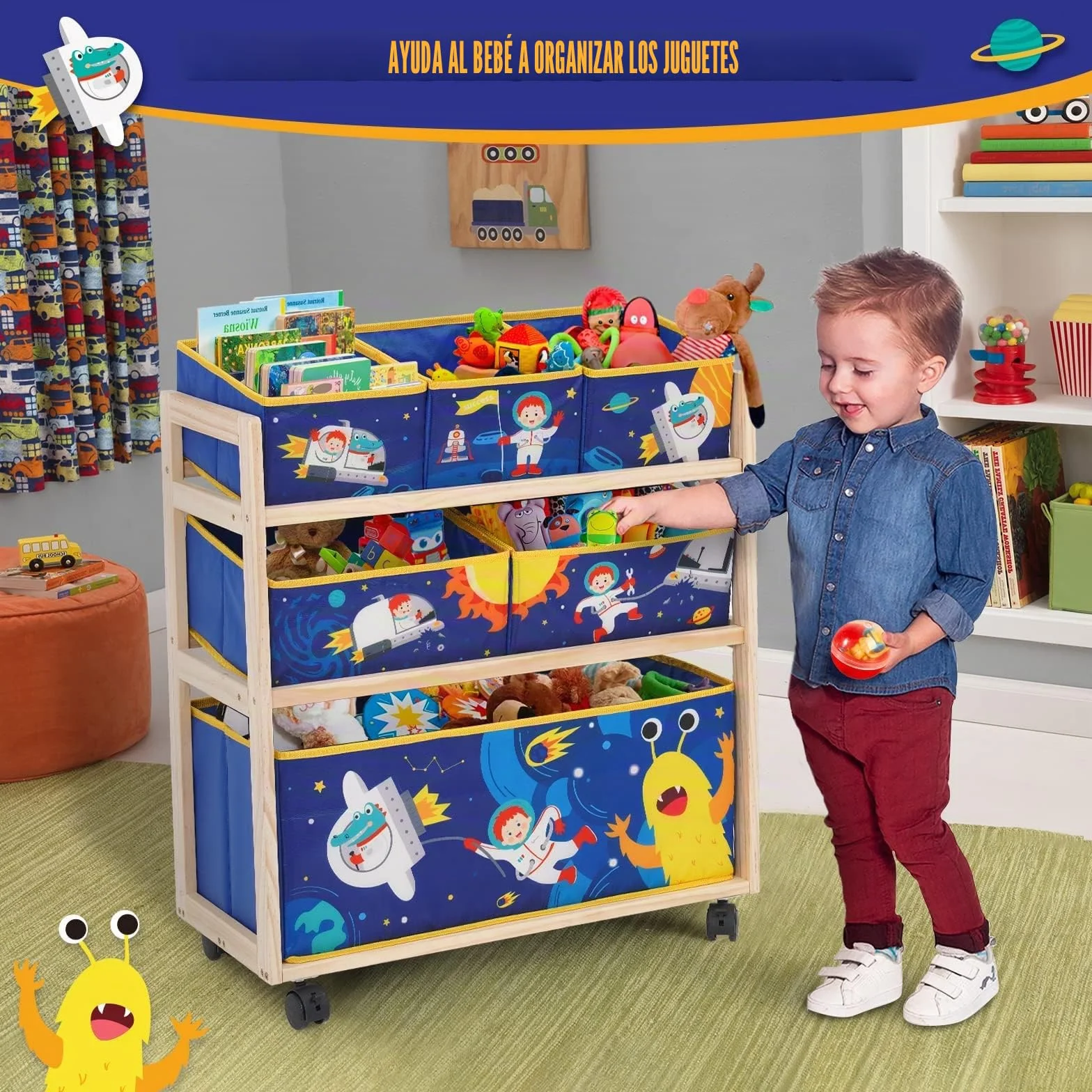 NUKied Estantería Infantil para Juguetes y Libros con Ruedas,6 Cajas de Tela no Tejida Extraíbles, para Sala de Juegos,Escuela, 64x 28 x 60 cm,Patrón Pequeño Monstruo