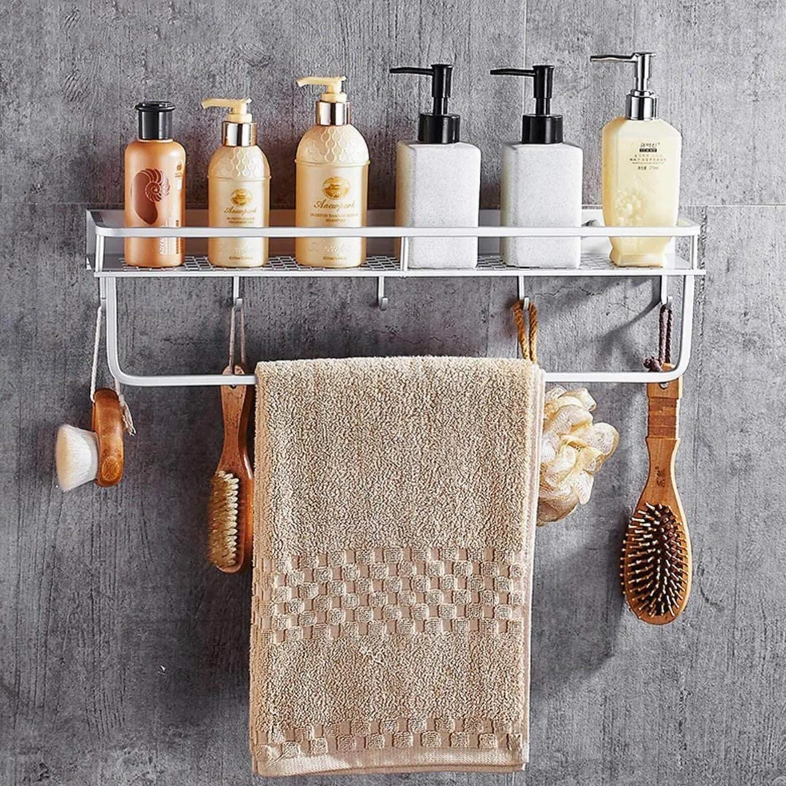 Estante de baño Estante de Ducha de Aluminio Estantes montados en la Pared Estantes flotantes inoxidables Cesta de Almacenamiento con Gancho extraíble y Barra para Toallas