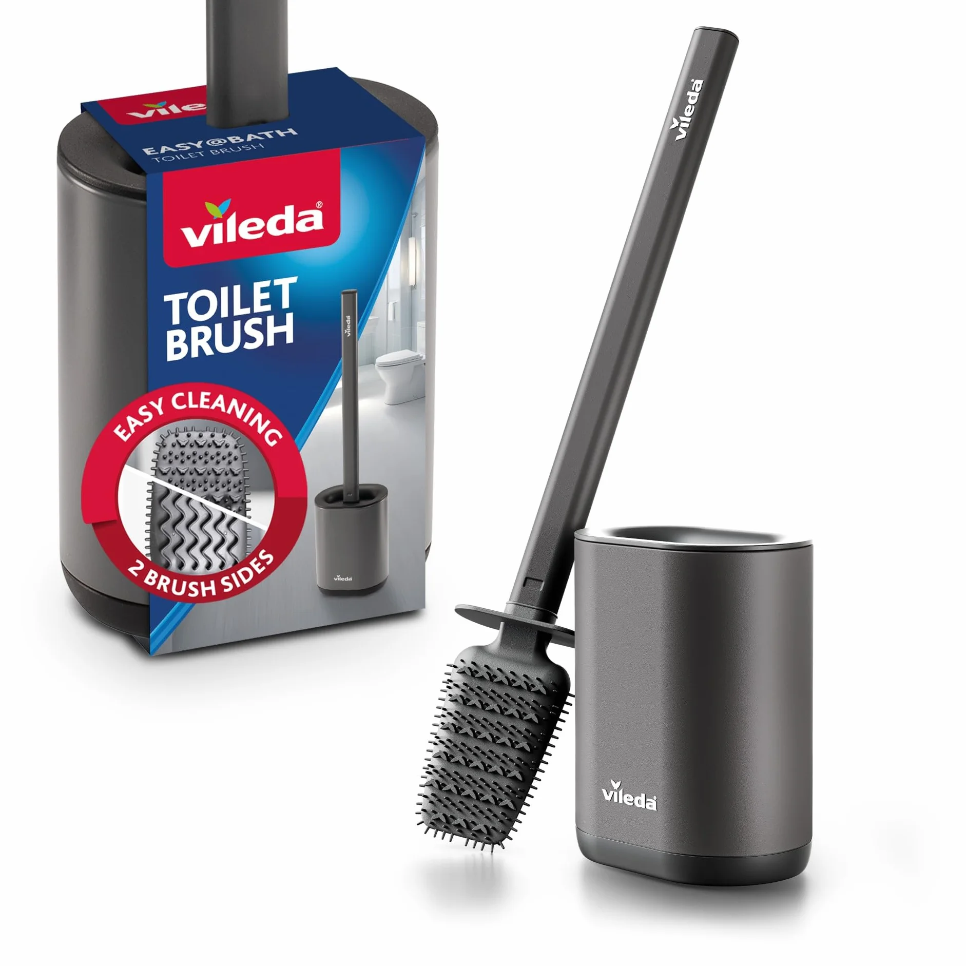 Vileda Cepillo WC de Silicona con Cabezal Flexible y Mango de Acero Inoxidable – Escobilla WC 2 Zonas de Limpieza Higiénico