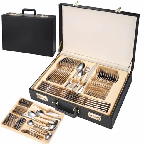 Juego de cubiertos de lujo 18/10 en elegante caja de regalo con almacenamiento de cuero con cerradura para banquetes y regalos