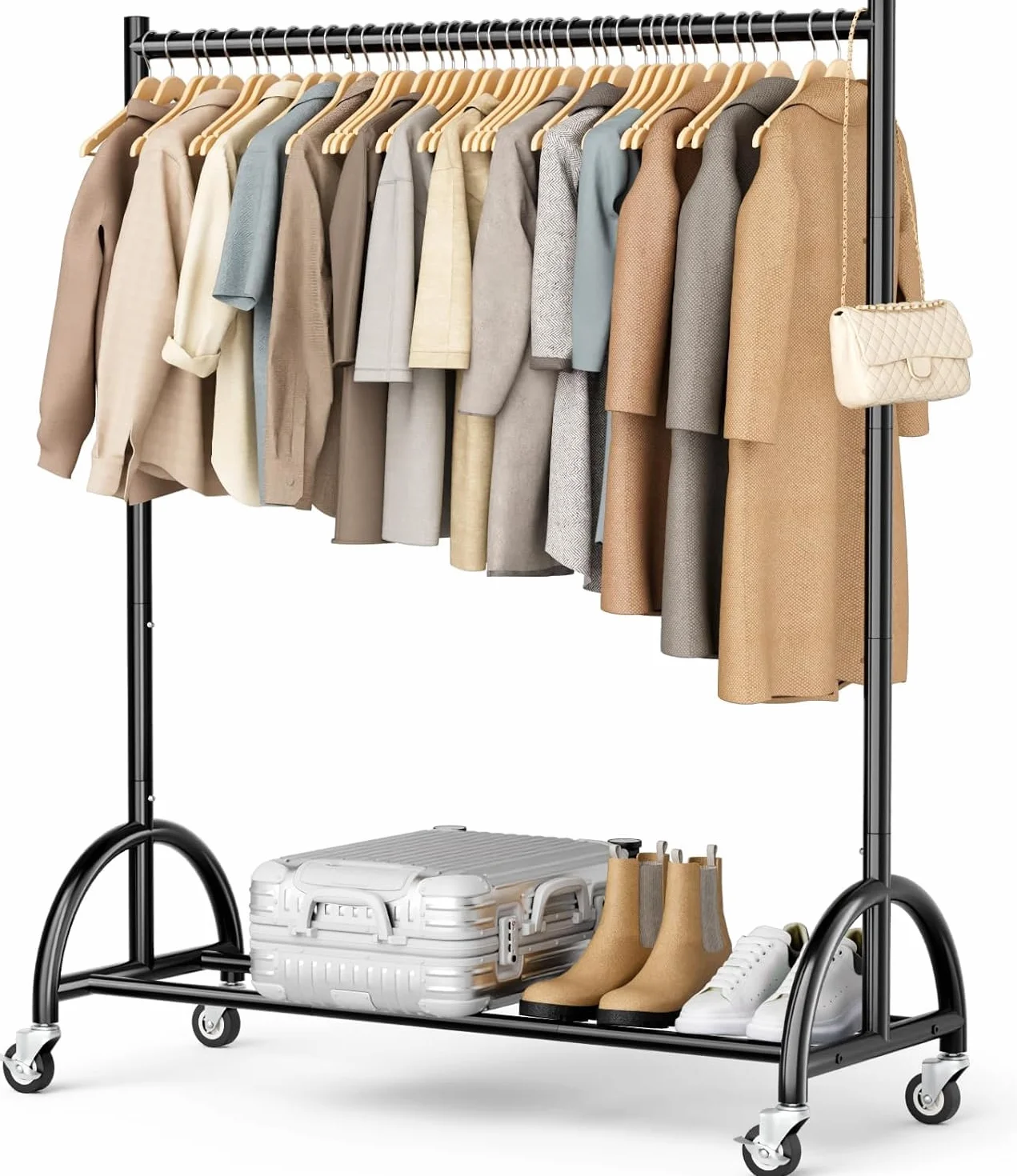 MISSLO Perchero resistente con ruedas para dormitorio, de metal, con compartimento de almacenamiento, para ropa, abrigos, color negro
