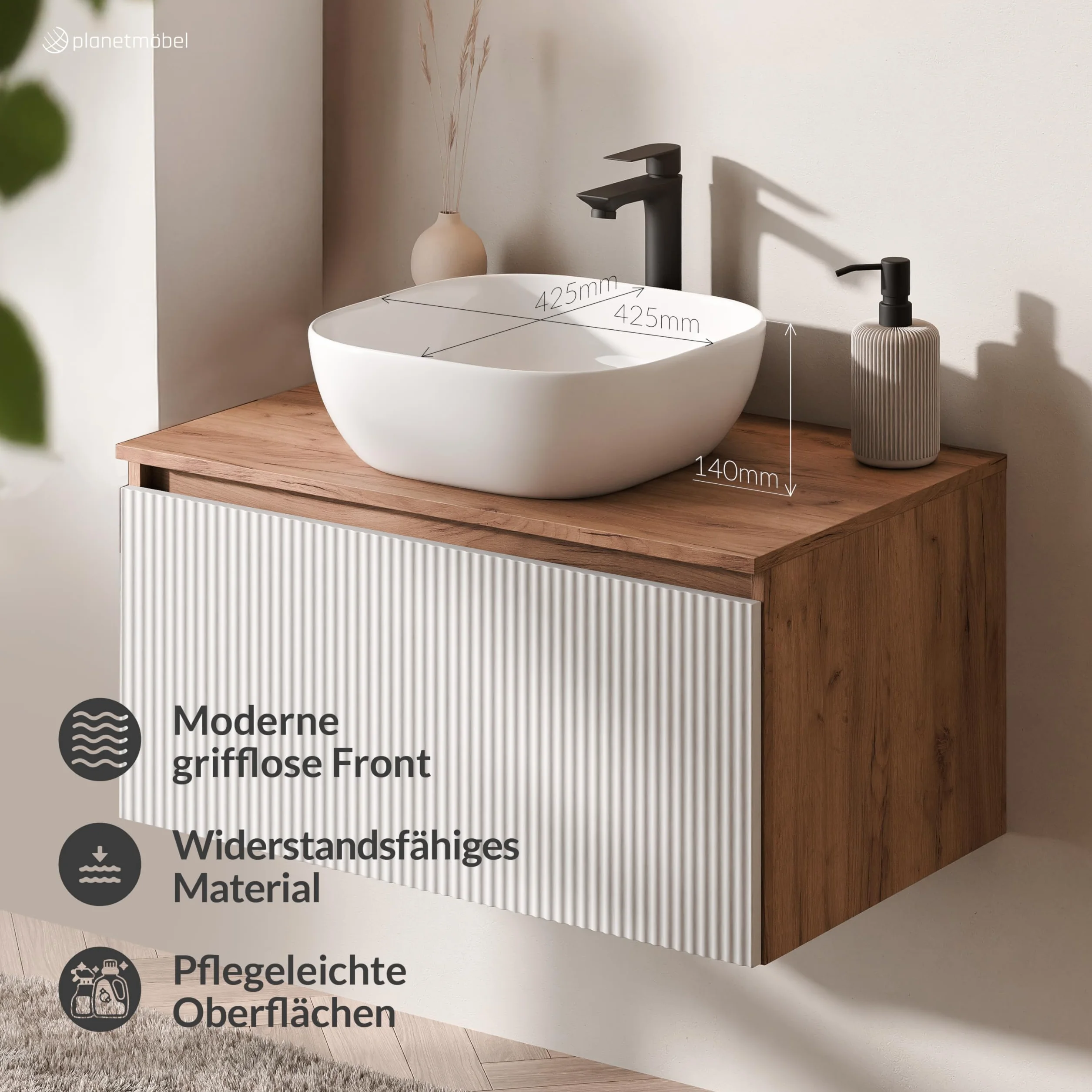Planetmöbel Arisa Conjunto de muebles de baño 80 cm roble dorado blanco acanalado espejo NOVA lavabo 42 cm Blanco